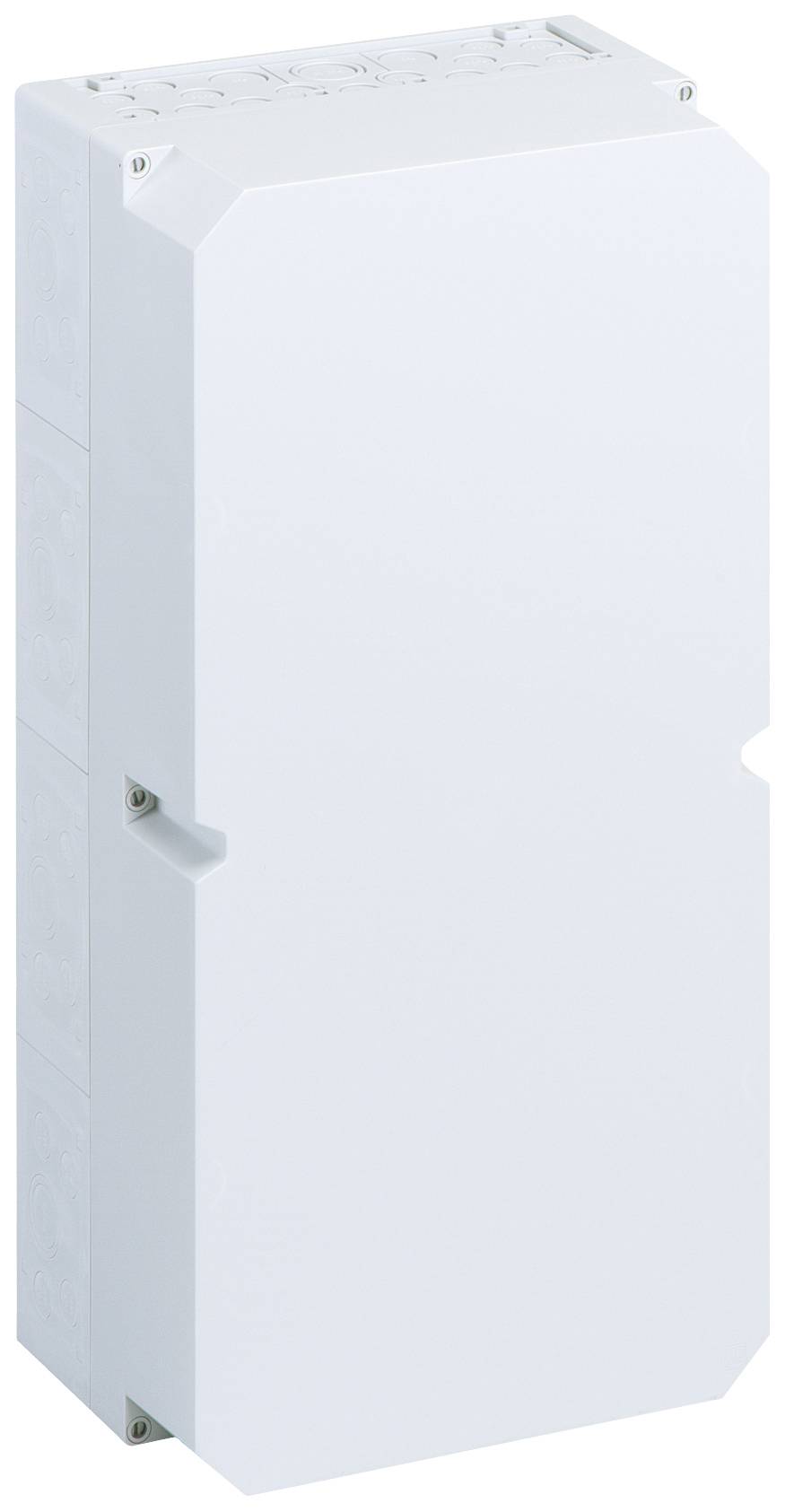Ein weißes, rechteckiges elektrisches Gehäuse mit glatter Oberfläche und abgerundeten Kanten, geeignet für den Innenbereich.