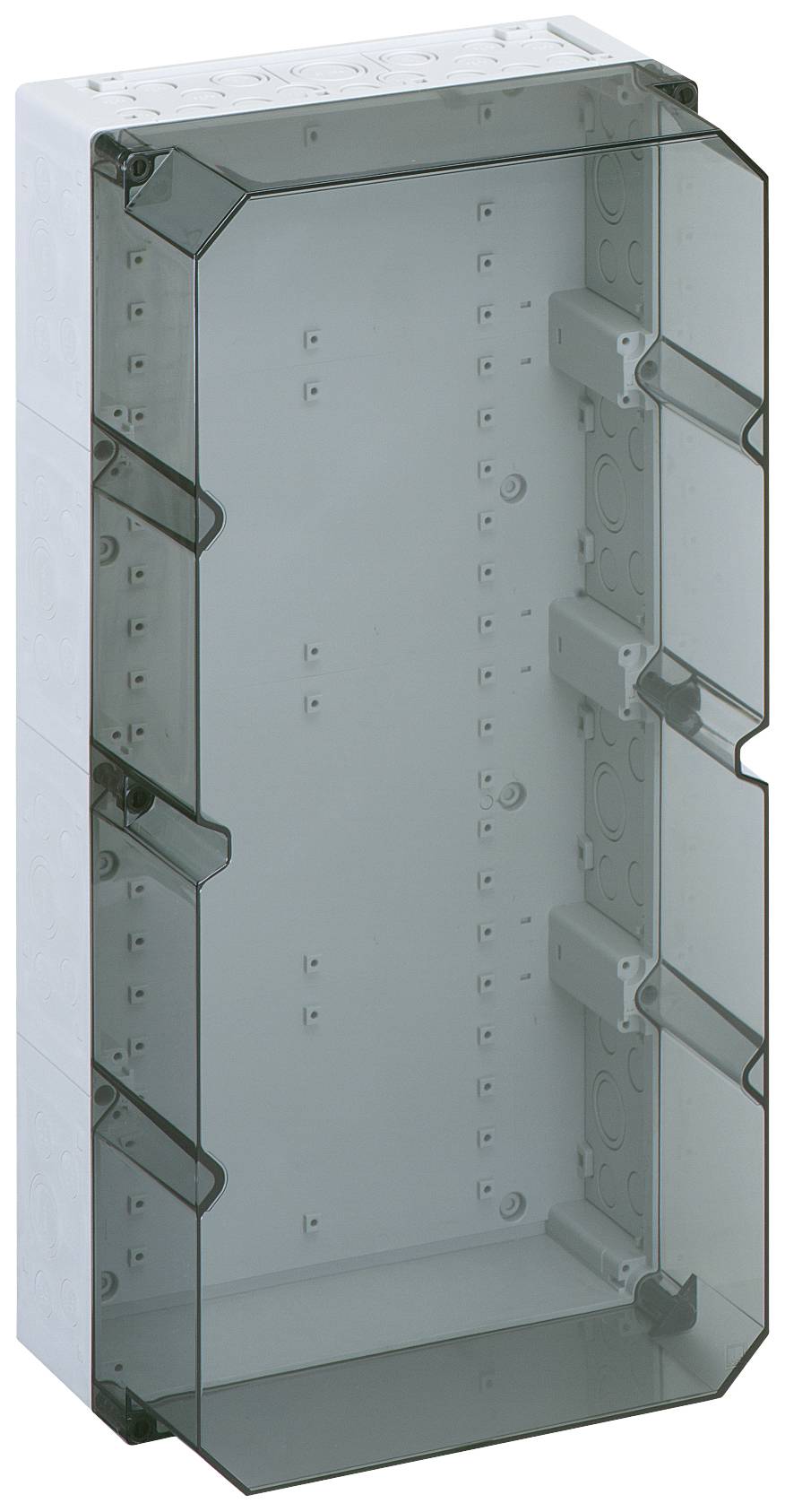 Ein rechteckiges, transparentes Schutzgehäuse, das Elektronikkomponenten in einer schützenden Montagebox umhüllt.