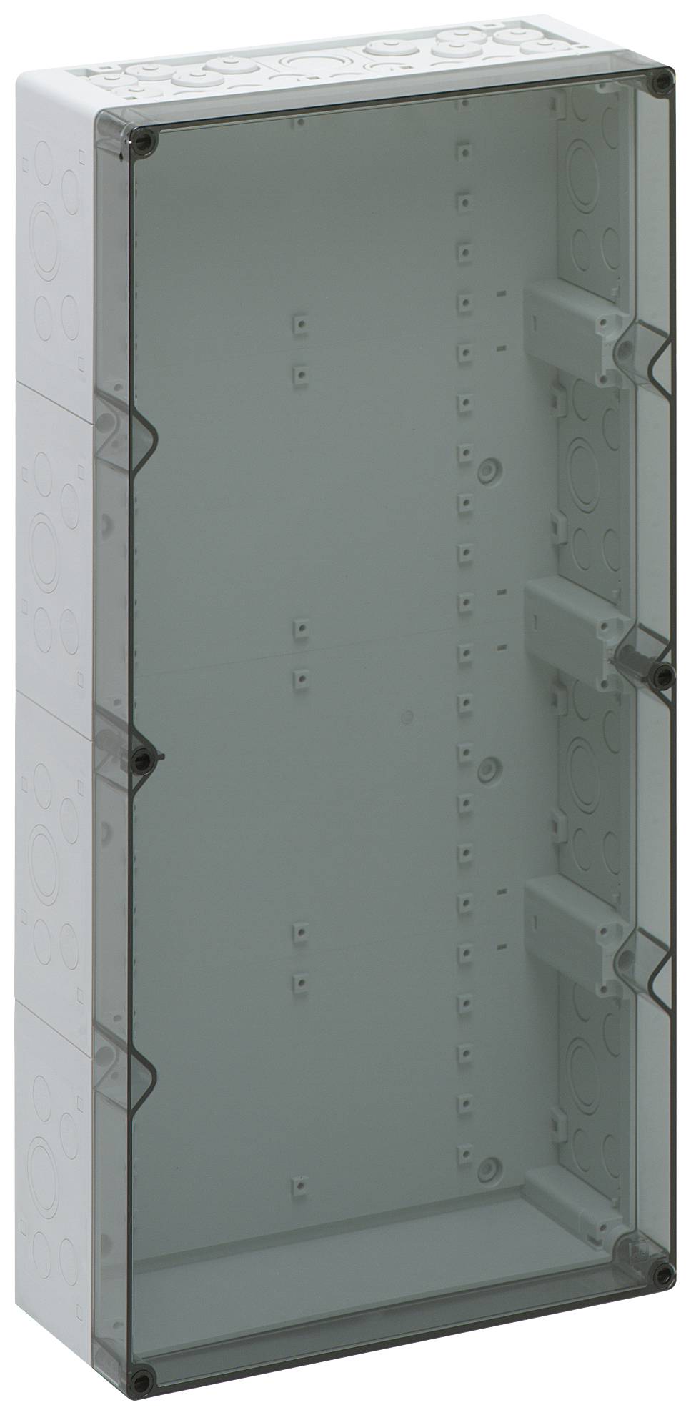 Ein leerer, rechteckiger Kunststoffkasten mit klarer Frontabdeckung, geeignet für elektronische Installationen.