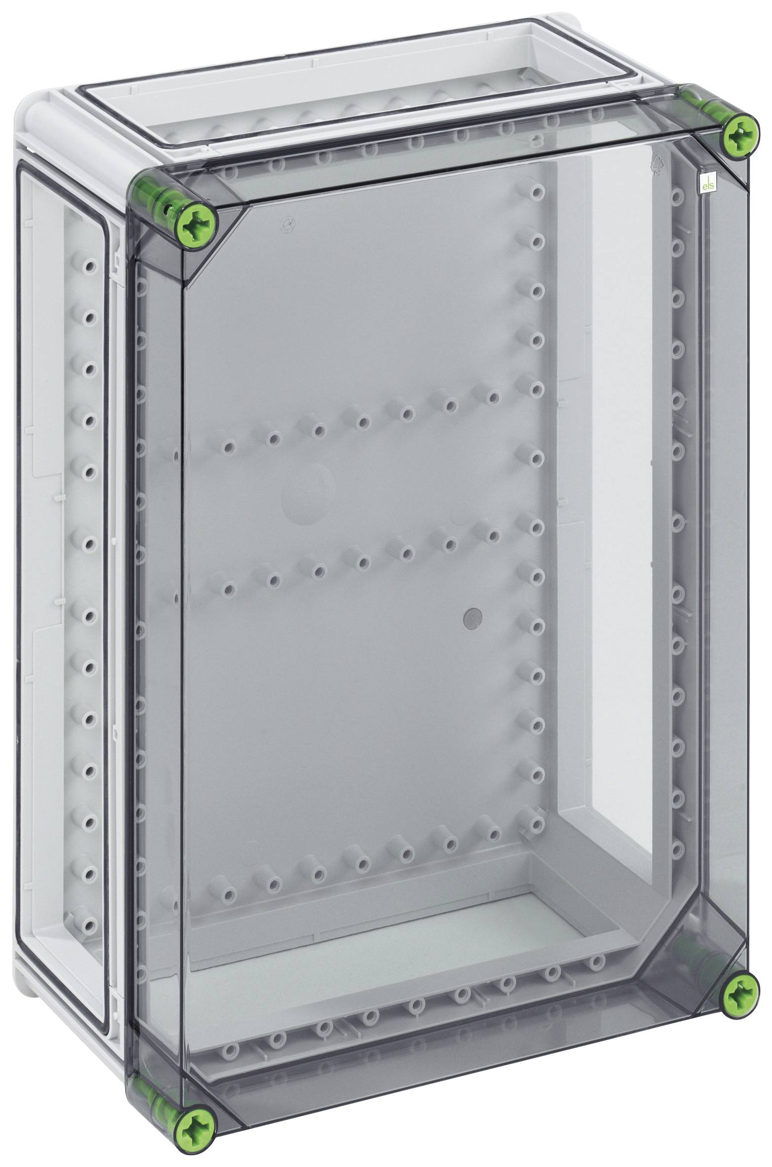 Transparentes Kunststoffgehäuse mit rechteckiger Form und grünen Ecken, geeignet für den Schutz von elektrischen Komponenten.