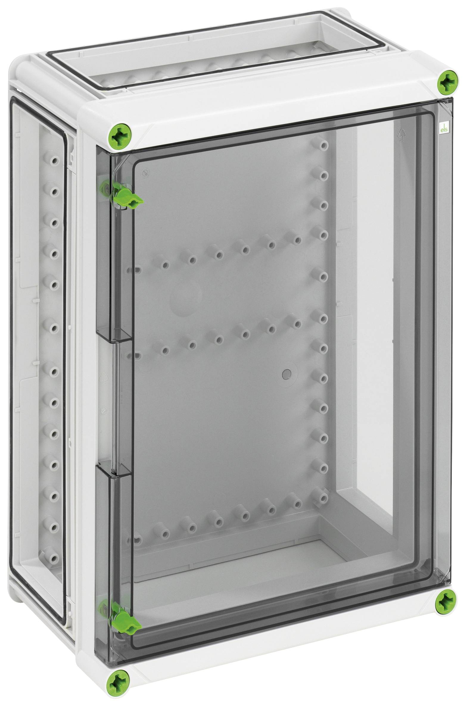 Gehäuse aus transparentem Kunststoff mit grauem Rahmen und grünen Schrauben in den Ecken, geeignet für Elektroinstallationen.