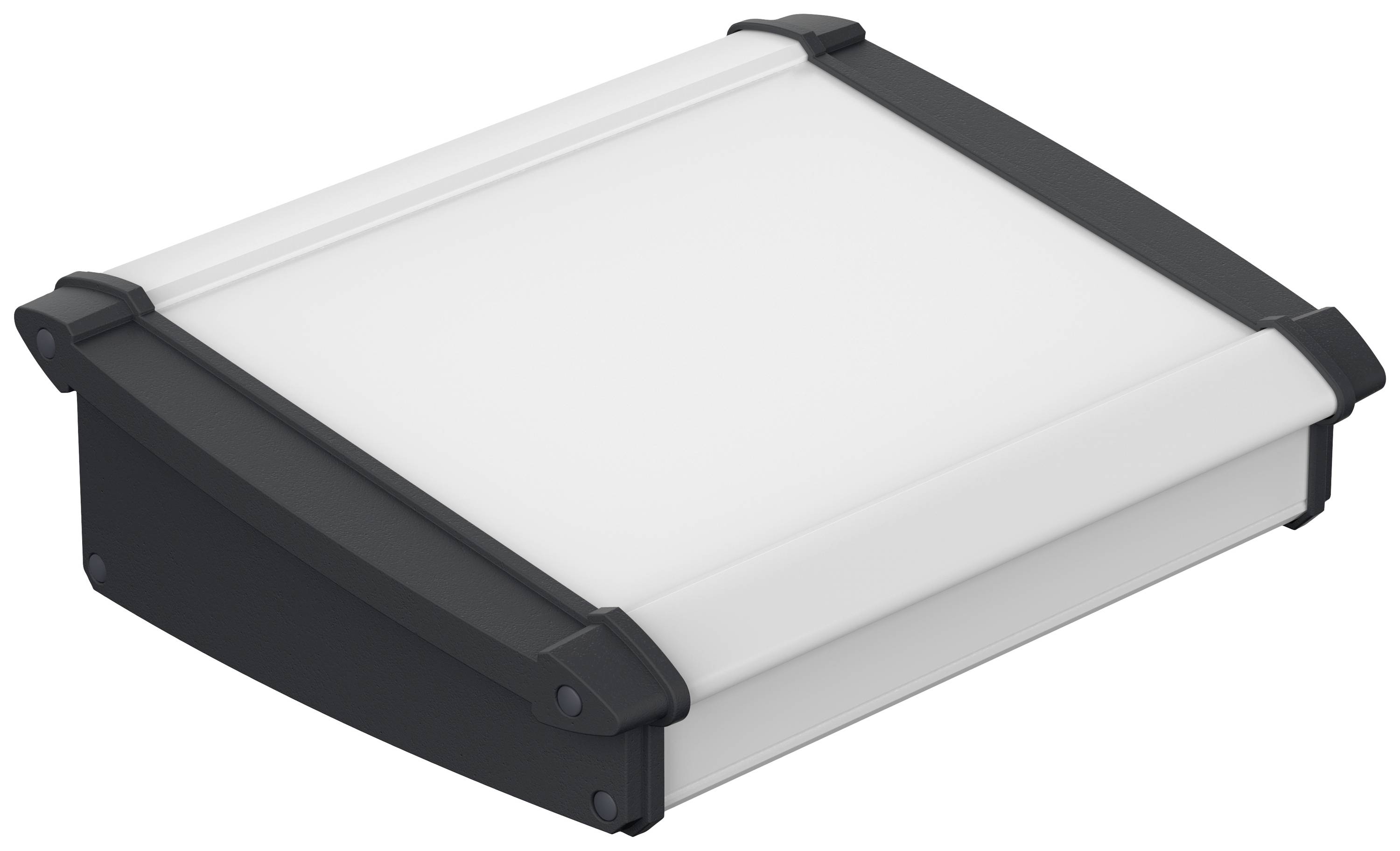 Flaches, rechteckiges LED-Gehäuse mit weißen und schwarzen Elementen, für Decken- oder Wandmontage in Innenräumen.
