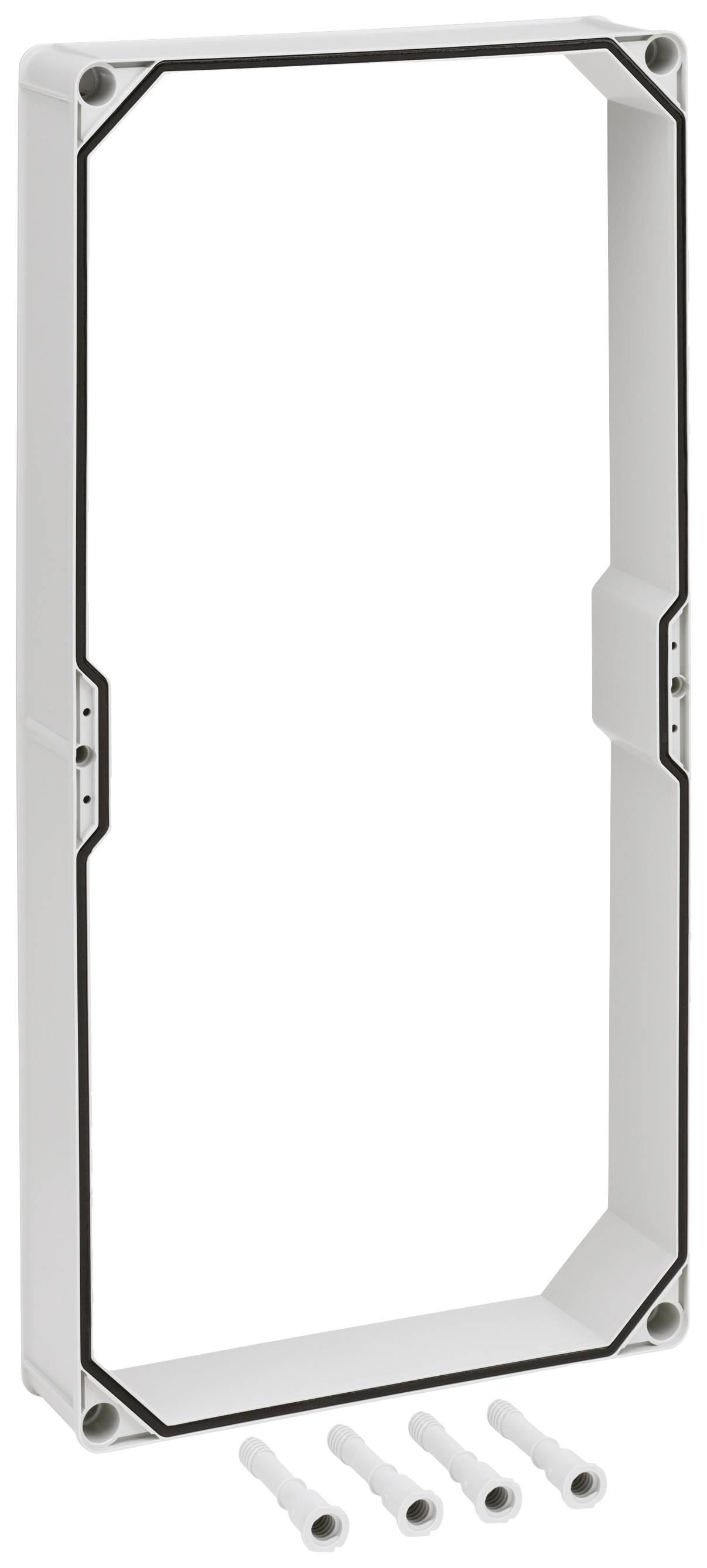 Ein rechteckiger, weißer Kunststoffrahmen mit abgerundeten Ecken und vier beiliegenden Dübeln zur Wandmontage.