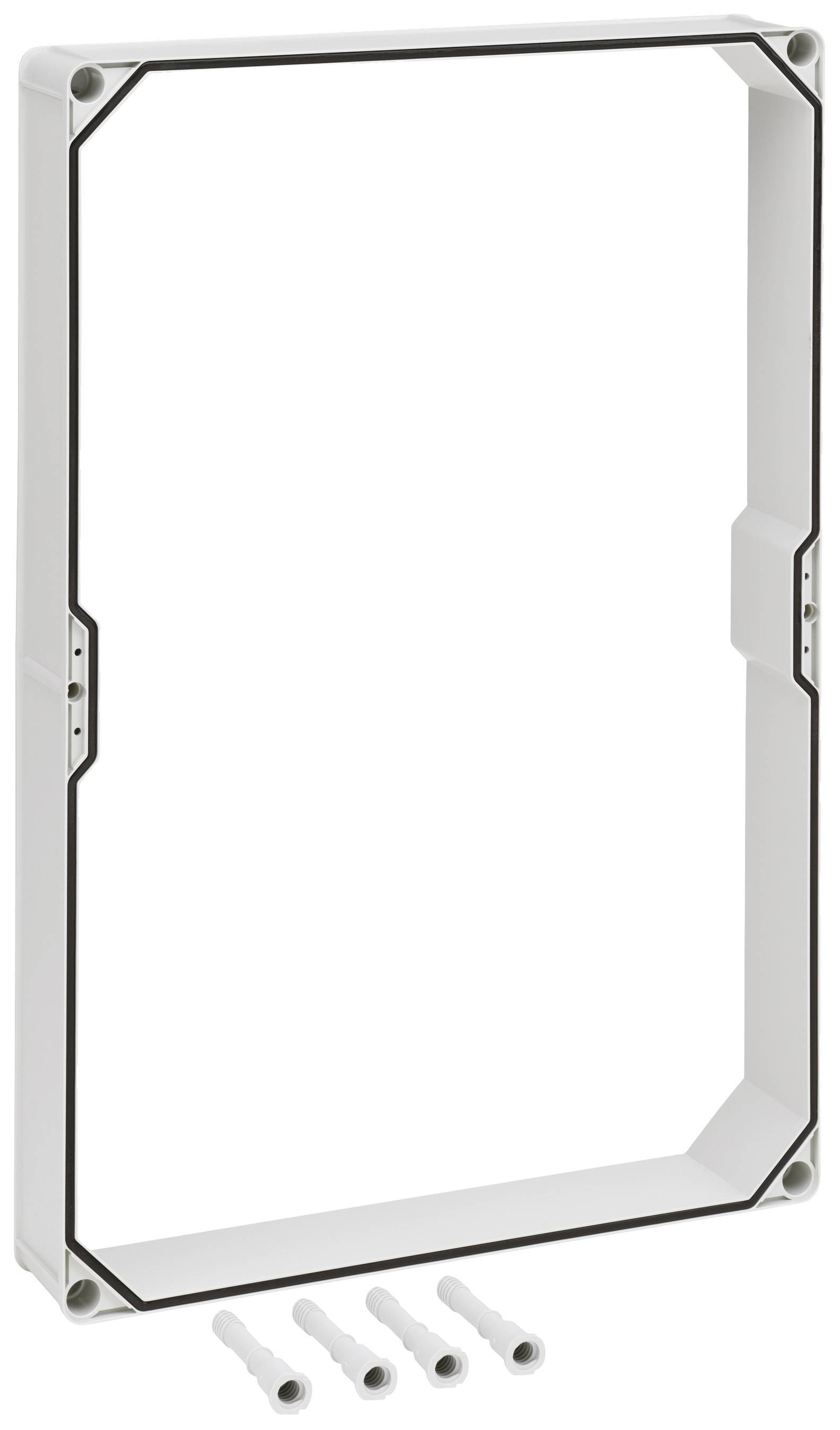 Ein rechteckiger Kunststoffrahmen mit schwarzer Dichtung und vier weißen Befestigungsdübeln; möglicherweise Teil eines Gehäusesystems.