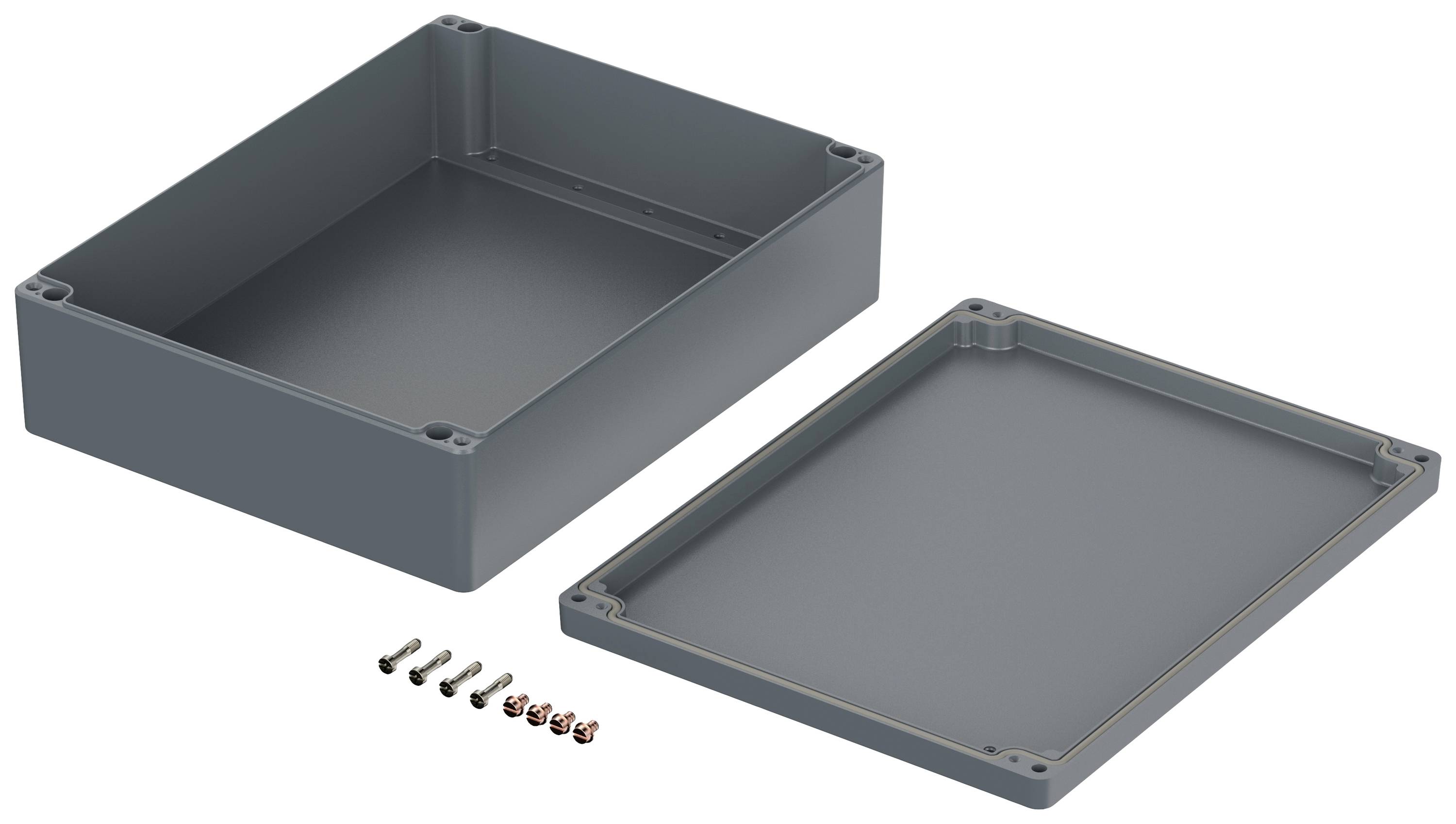 Grau-blaues rechteckiges Kunststoffgehäuse mit abnehmbarem Deckel und Befestigungsschrauben, auf weißem Hintergrund.