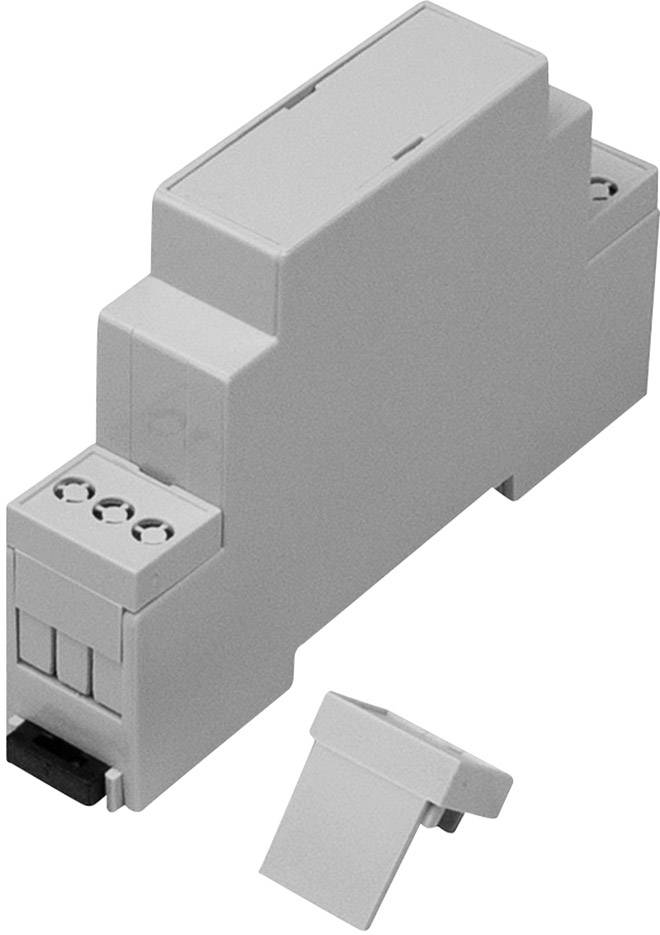 Ein graues, rechteckiges Elektronik-Gehäuse, typischerweise zur Montage auf einer DIN-Schiene in elektrischen Schalttafeln verwendet.