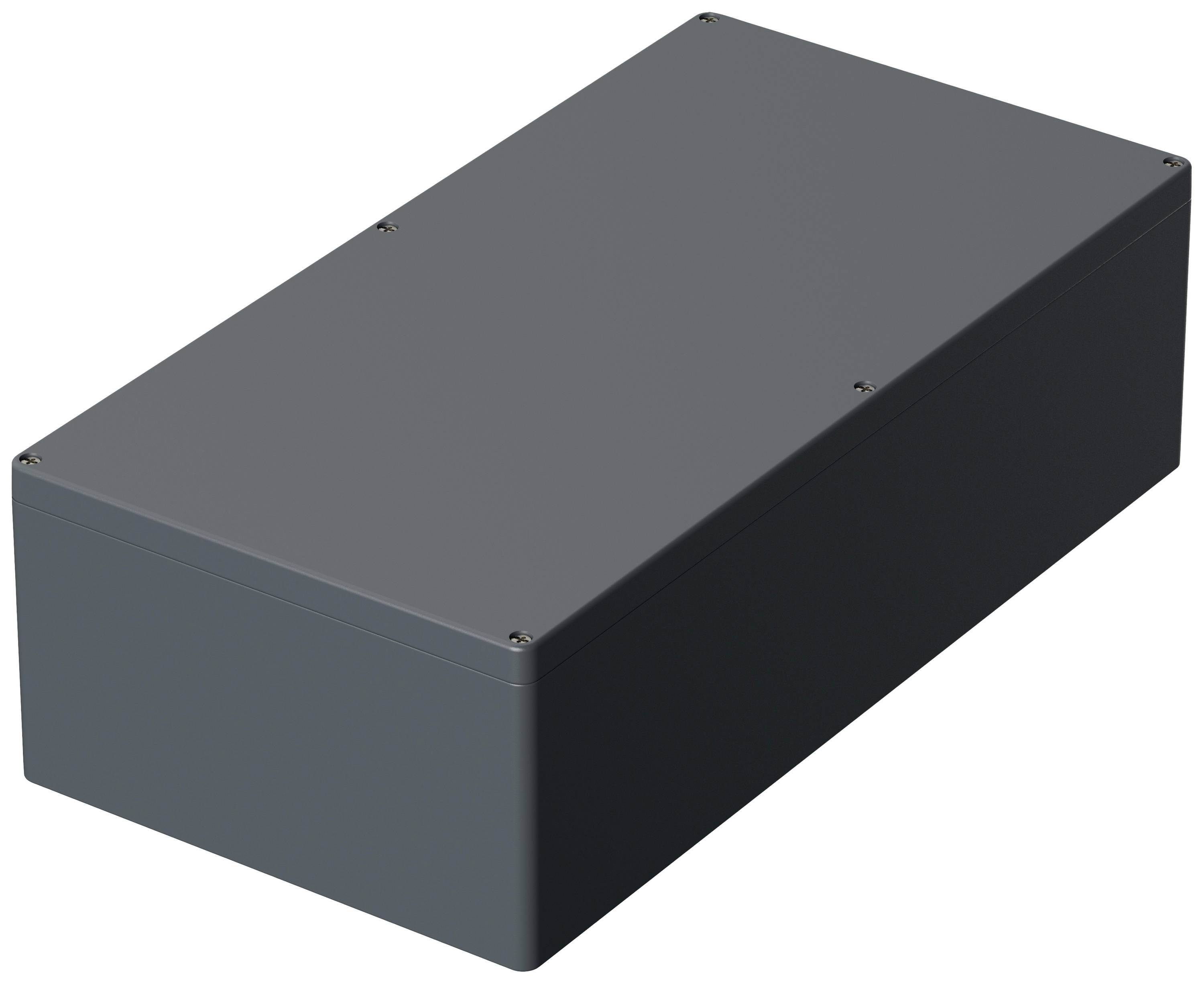 Graues, rechteckiges Gehäuse mit Schrauben an den Ecken, möglicherweise für elektronische Geräte oder Verkabelung geeignet.