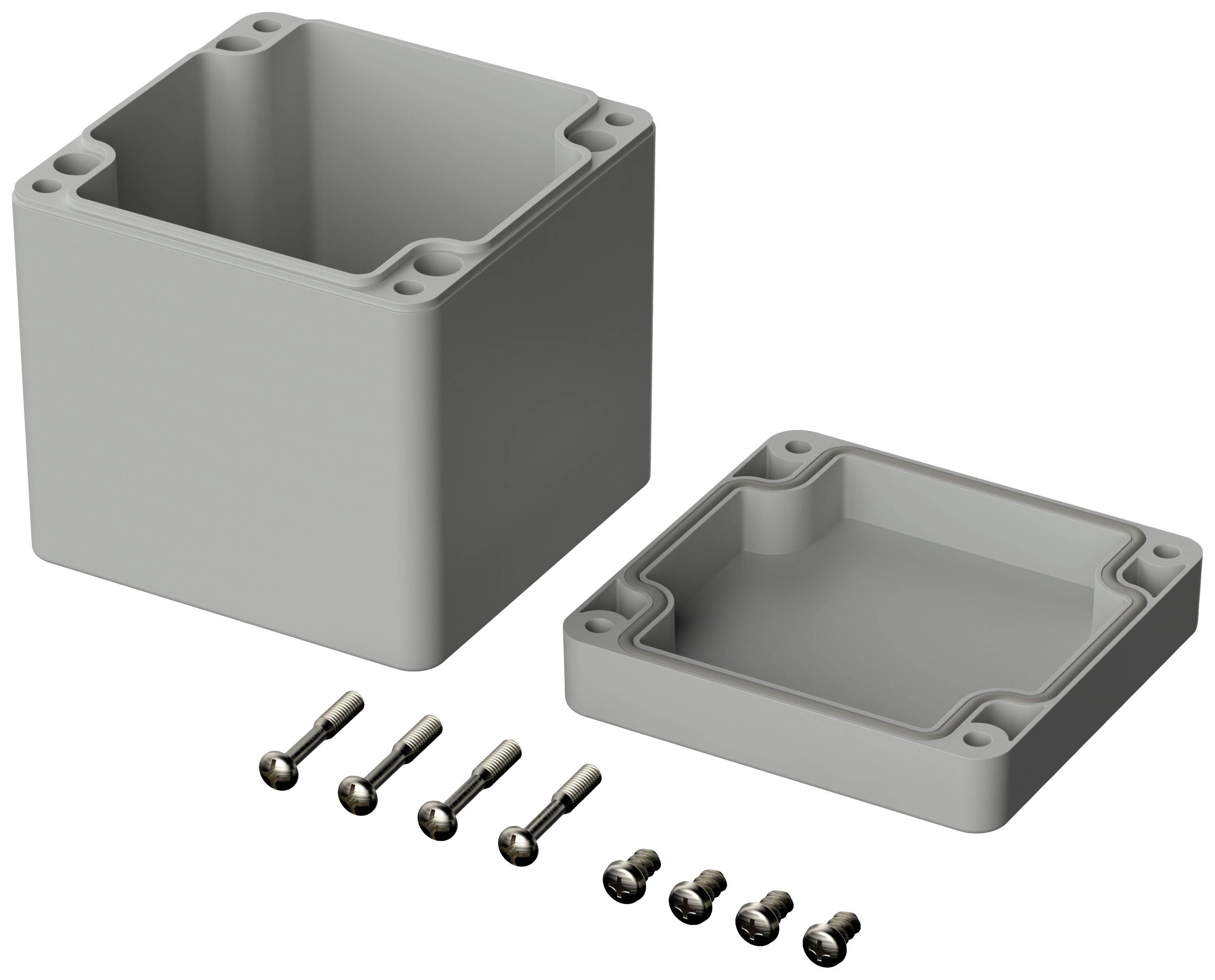 Gehäusekasten mit abgenommener Abdeckung und Schrauben