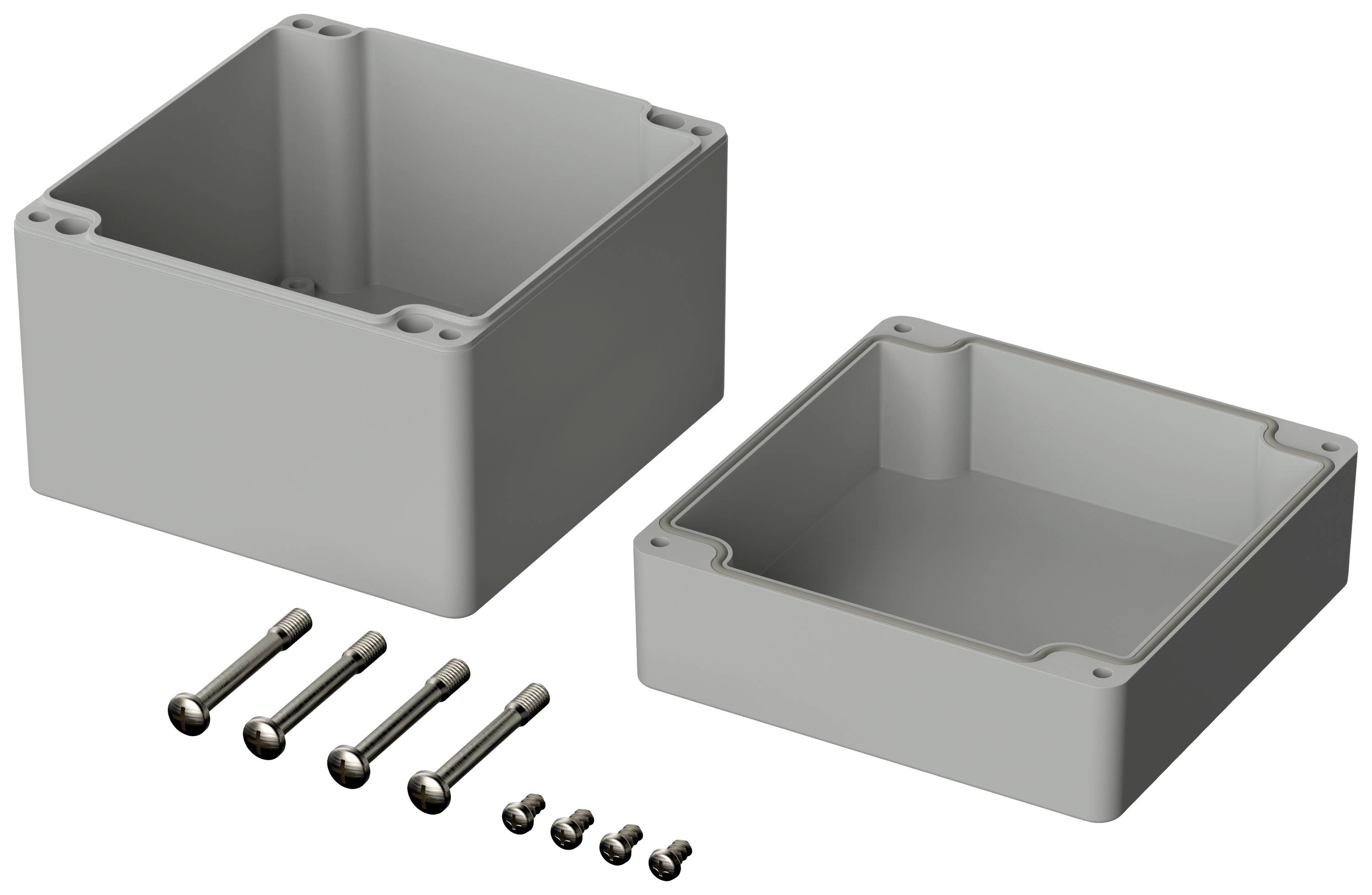 Gehäuse aus robustem, grauem Kunststoff, bestehend aus zwei Teilen. Dazu gehören vier lange und vier kurze Schrauben zur Montage.