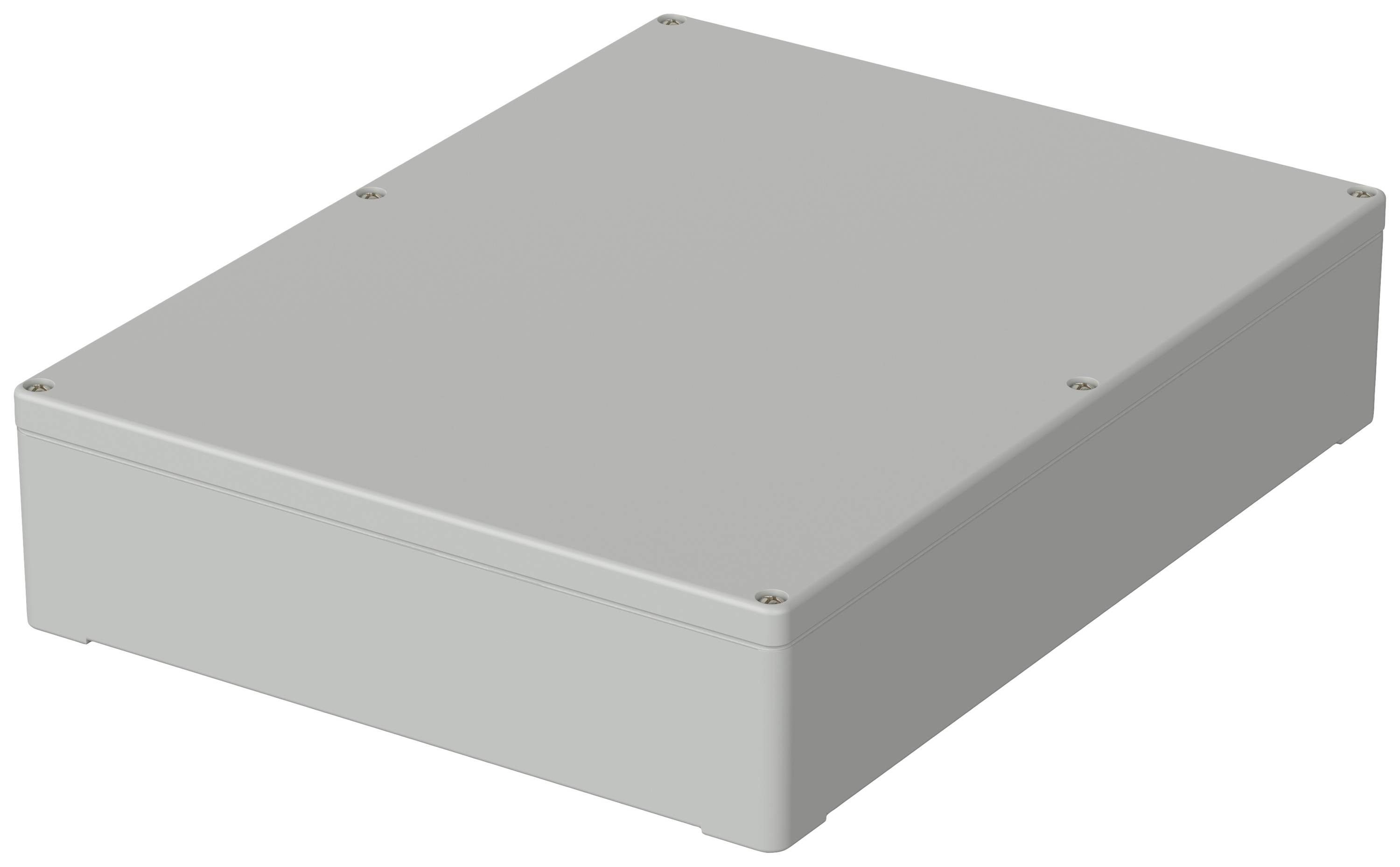 Graues elektrisches Gehäuse in rechteckiger Form. Gedacht zur sicheren Unterbringung elektrischer Bauteile, mit Schrauben verschlossen.