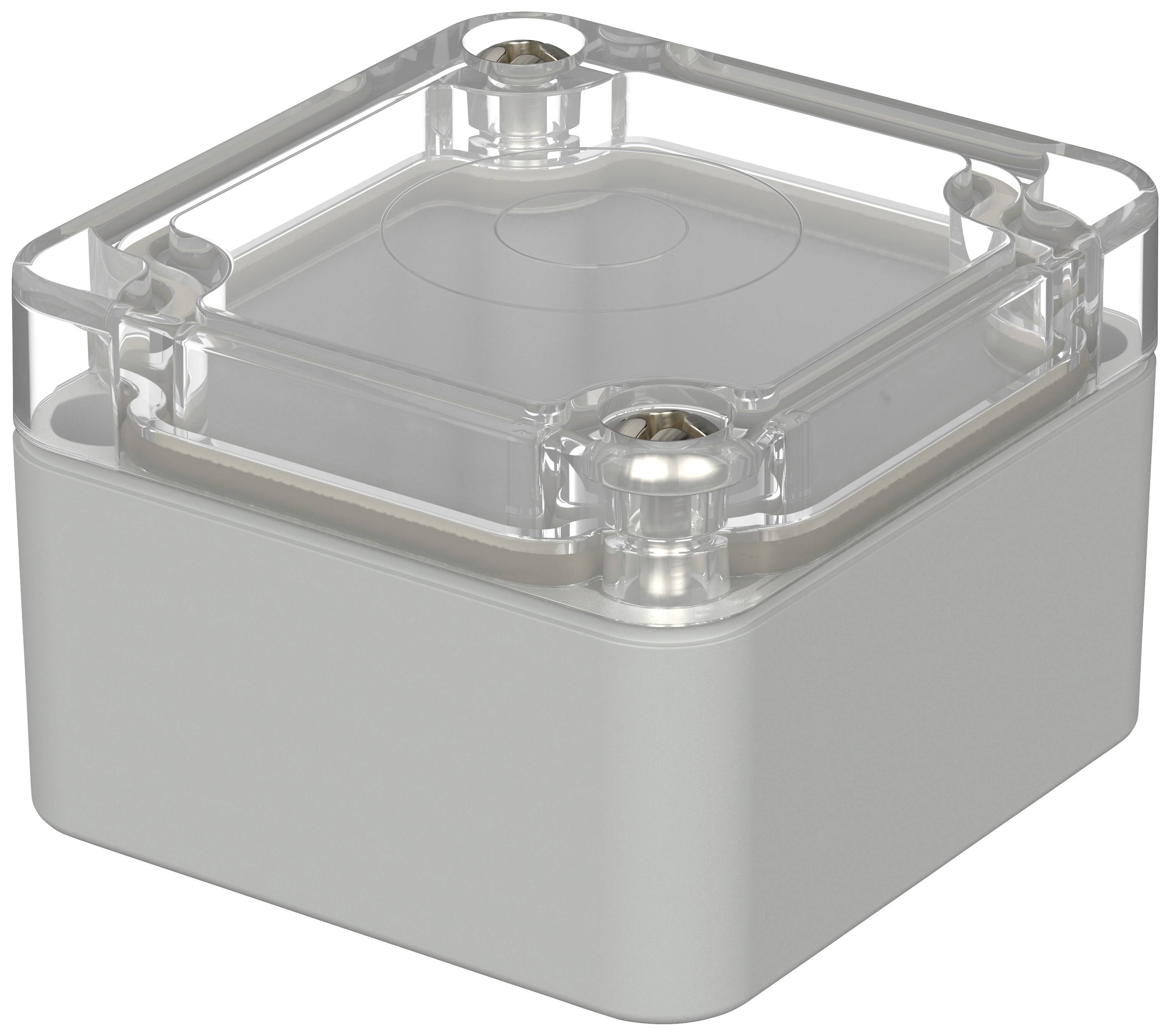Ein quadratisches, durchsichtiges Gehäuse mit abgerundeten Ecken und robustem Design. Ideal zum Schutz elektrischer Bauteile.