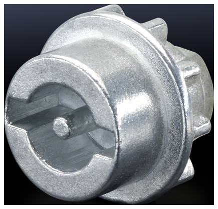 Metallisches, zylinderförmiges Bauteil mit Rillen und zentralem Stift, vor dunklem Hintergrund, möglicherweise eine Schraubkomponente.