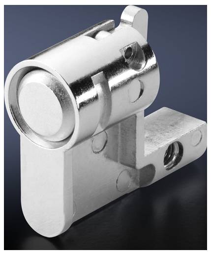 Metallischer Schwenkheber in kurven- oder drehmechanischem Design, vor grauem Hintergrund präsentiert.
