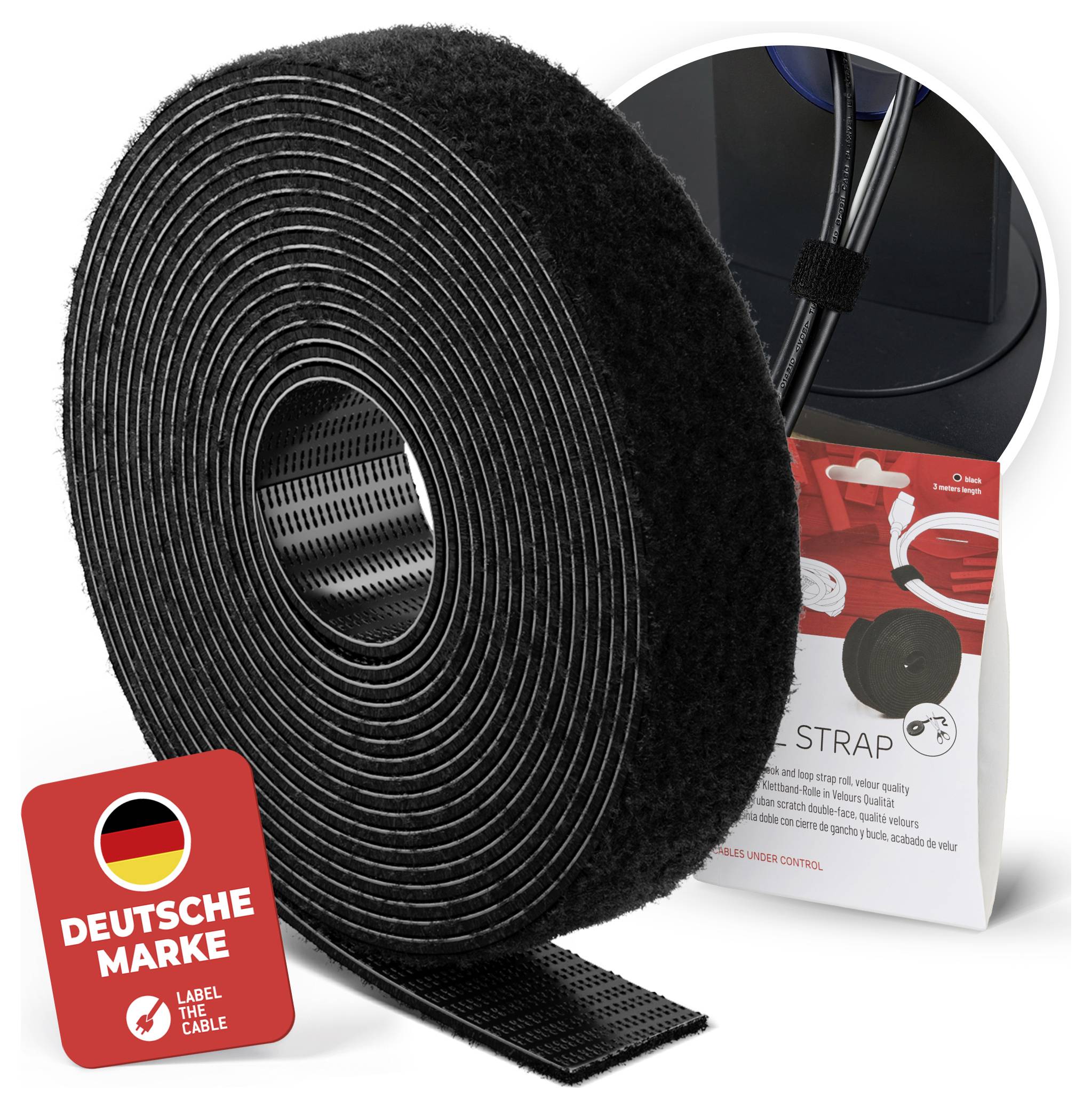 Black hook-and-loop cable strap roll with German brand label and packaging, used to bundle cables neatly.