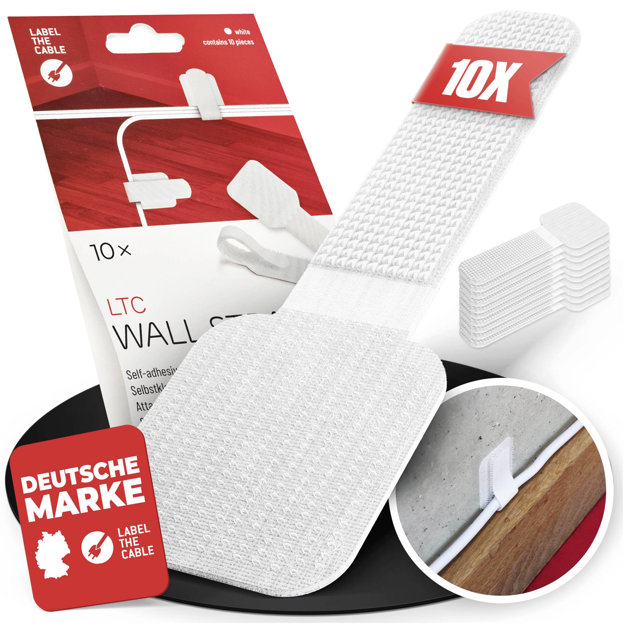 Produktabbildung von weißen selbstklebenden Kabelwandclips und Etiketten, gezeigt mit Einzelhandelsverpackung, einem „10X