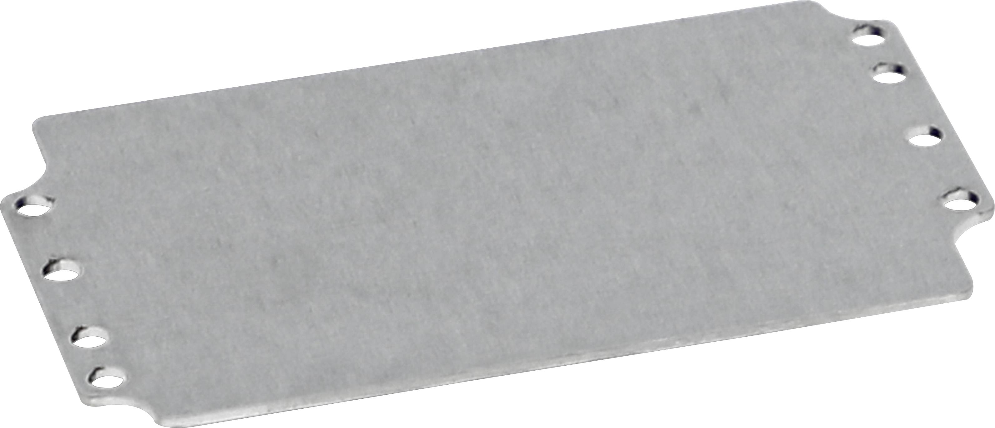 Metallplatte mit rechteckiger Form und abgerundeten Ecken, acht Löchern an den Seiten, auf weiße Oberfläche liegend.