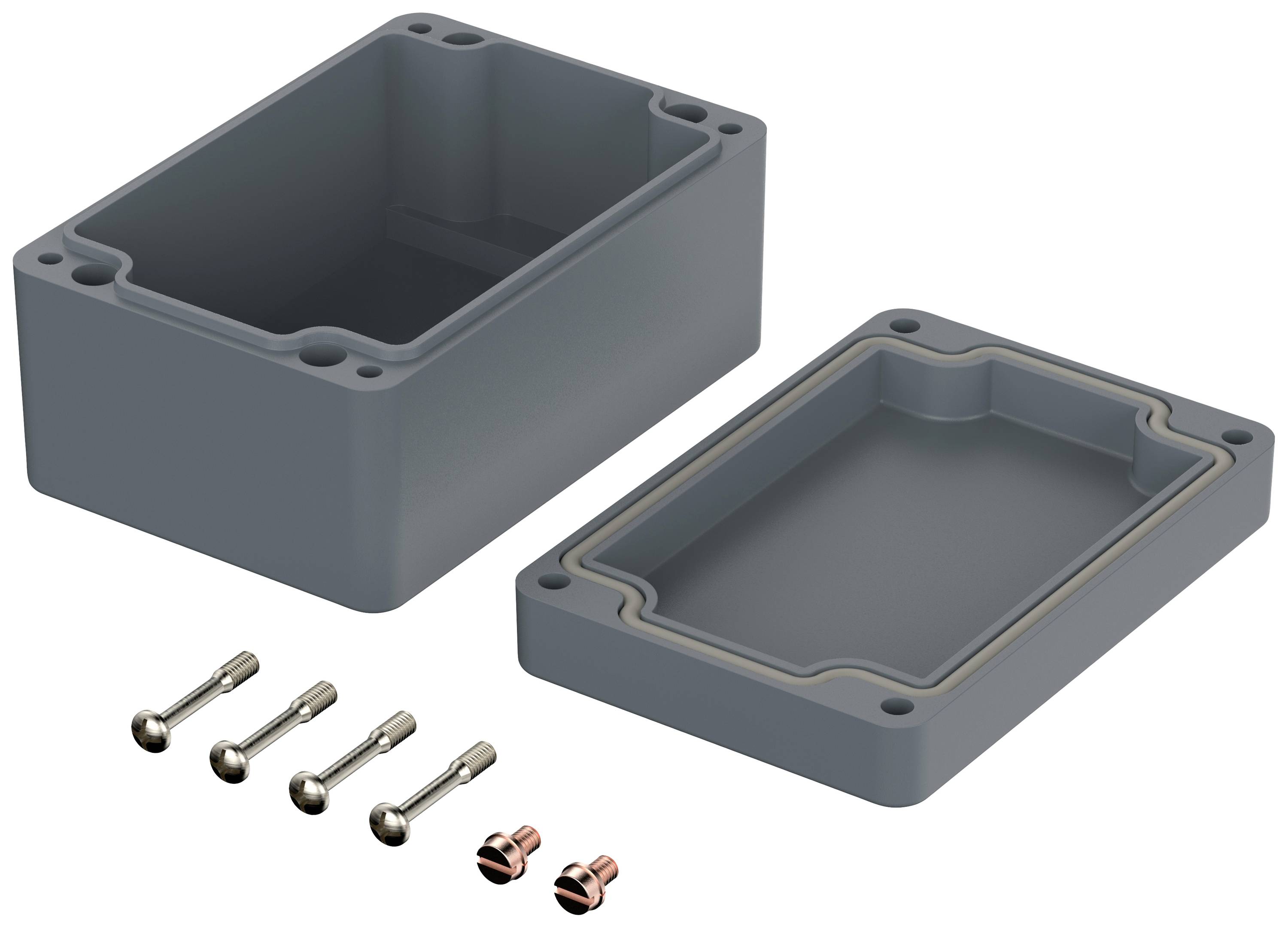 Grau Kunststoffgehäuse, rechteckig, zerlegt in zwei Hälften. Vier Schrauben und zwei kleine Metallklammern liegen daneben.