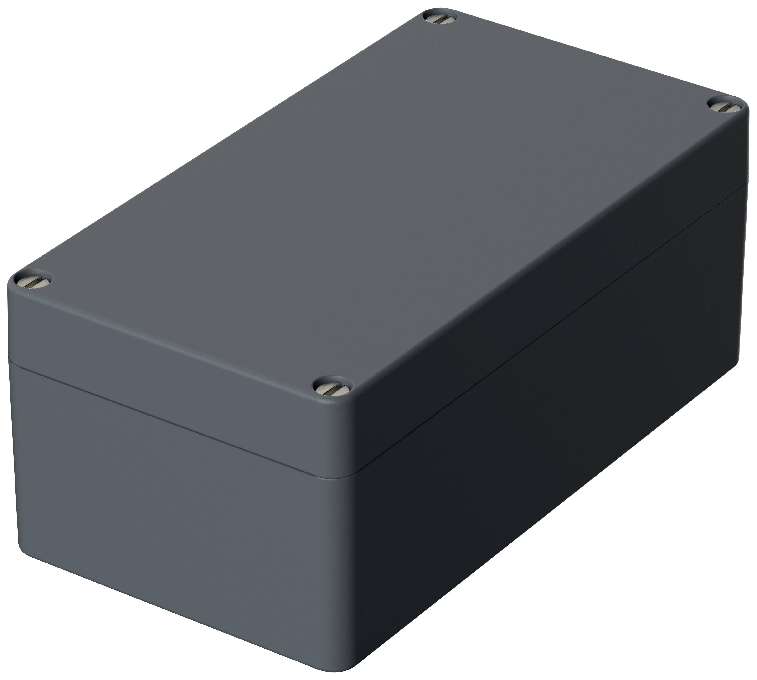 Rechteckiger, grauer Kasten mit abgerundeten Ecken und vier sichtbaren Schrauben an den Ecken des Deckels.