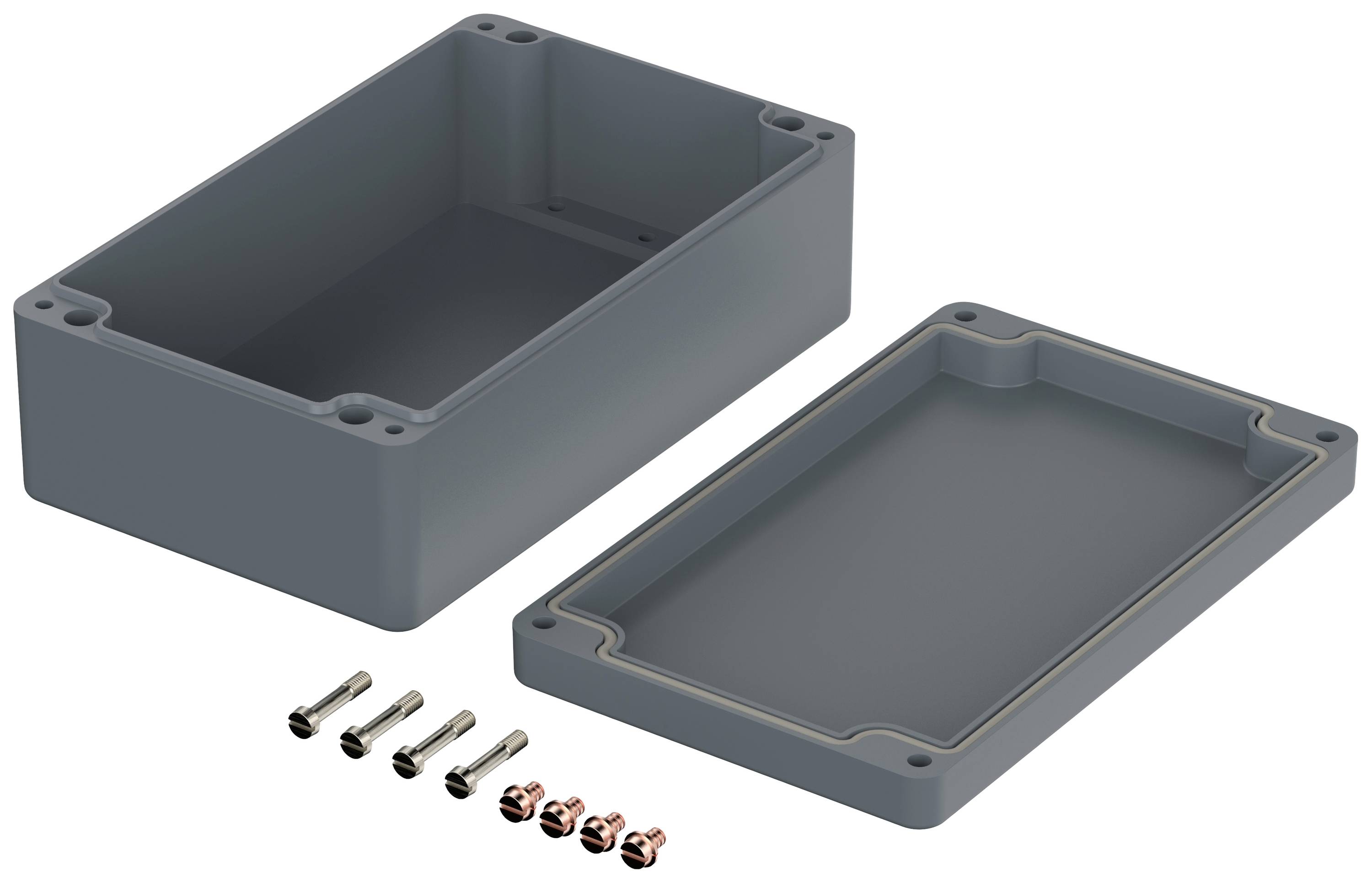 Ein graues rechteckiges Gehäuse aus Kunststoff, zweiteilig geöffnet. Sechs Metallschrauben und Muttern liegen davor.