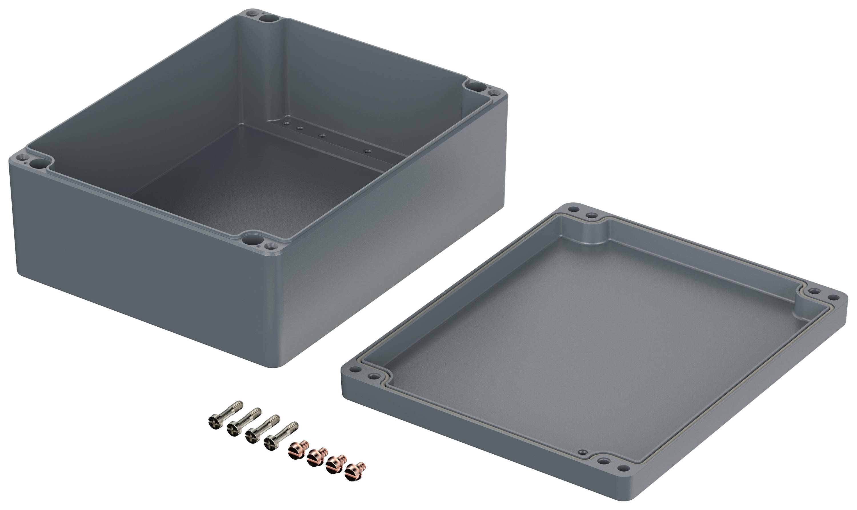 Grau-orangefarbene Kunststoffbox mit abnehmbarem Deckel, daneben liegen Schrauben. Geeignet für Elektronikgehäuse oder Anschlüsse.