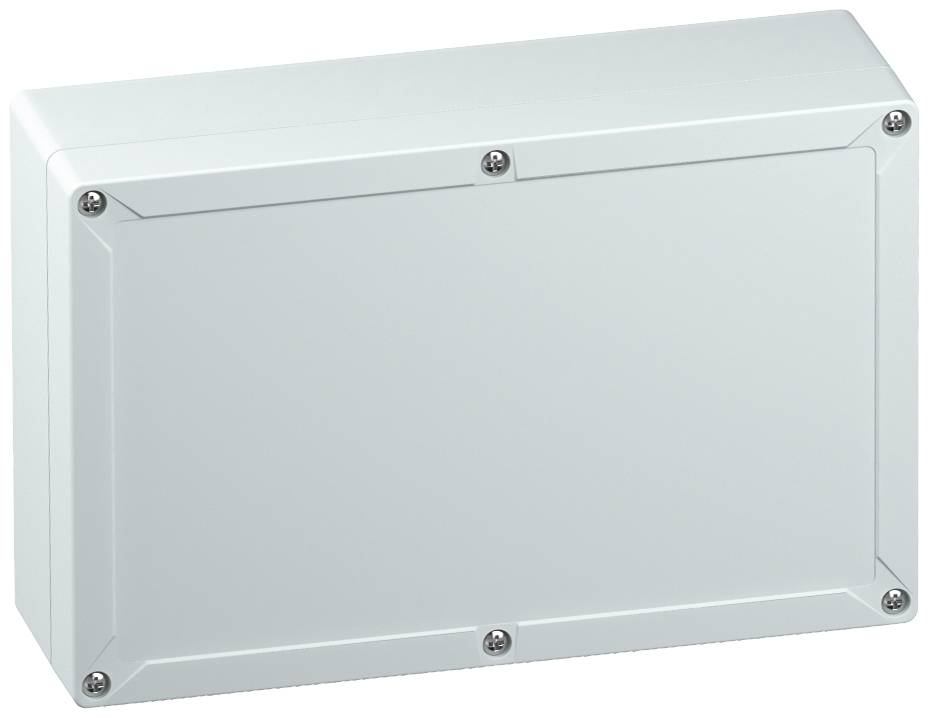 Graue rechteckige Gehäusebox mit Schrauben an den Ecken, geeignet für den Schutz elektrischer Anschlüsse oder Schaltungen.