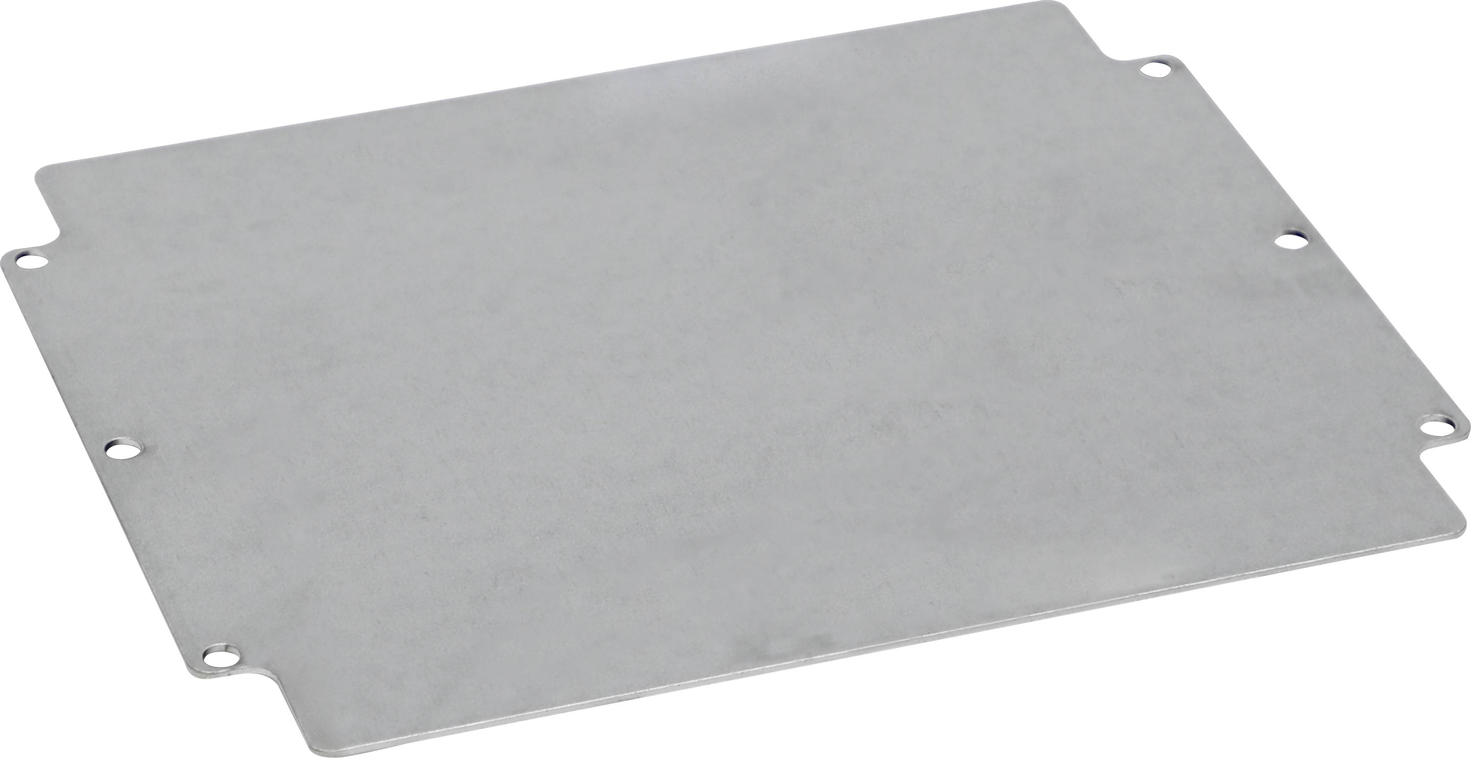 Metallplatte mit rechteckiger Form und abgerundeten Ecken, an jeder Seite zwei Löcher zur Befestigung.