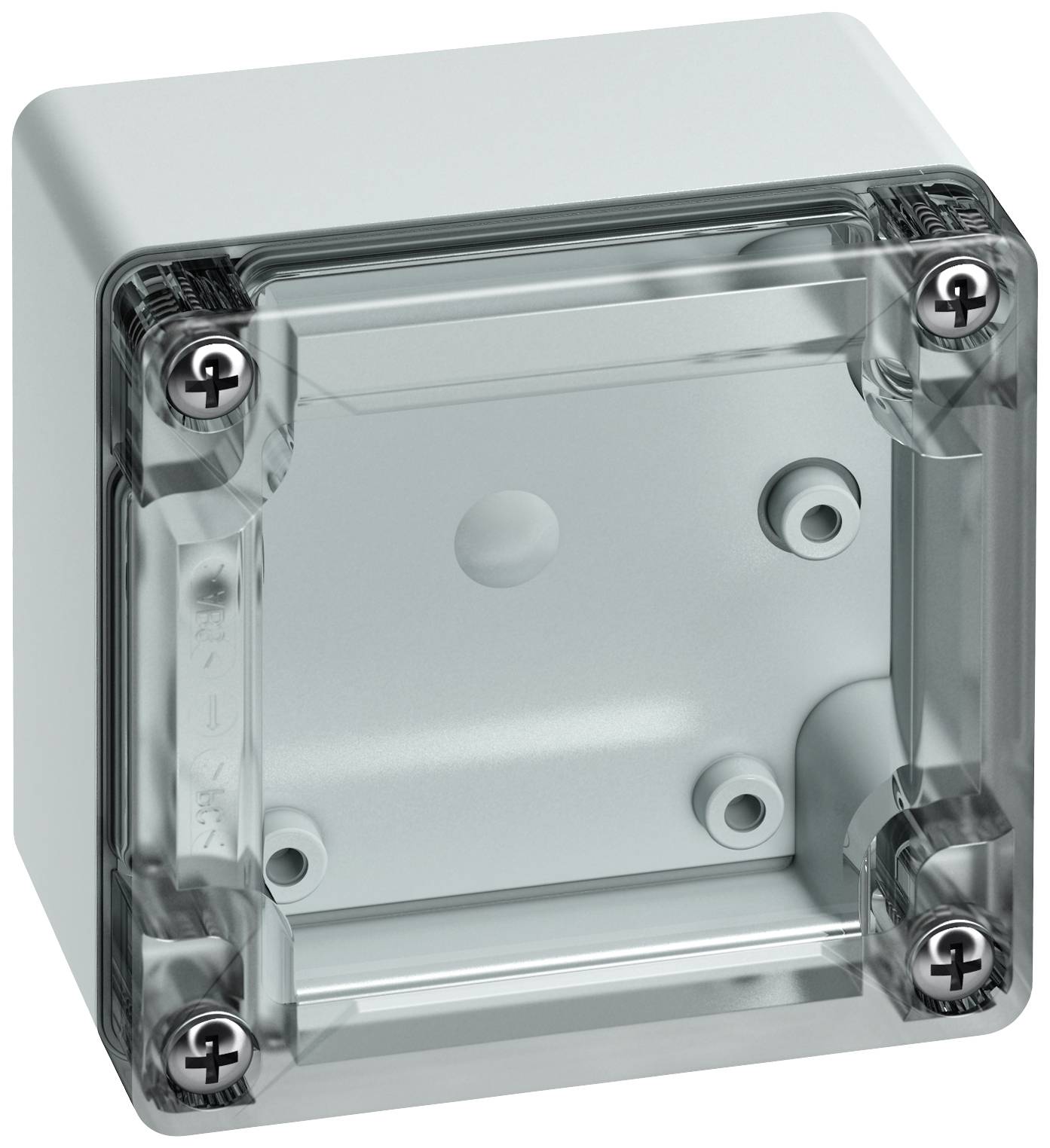 Ein leerer, quadratischer Elektroanschlusskasten mit transparentem Deckel und vier Schrauben in den Ecken, bereit zur Installation.