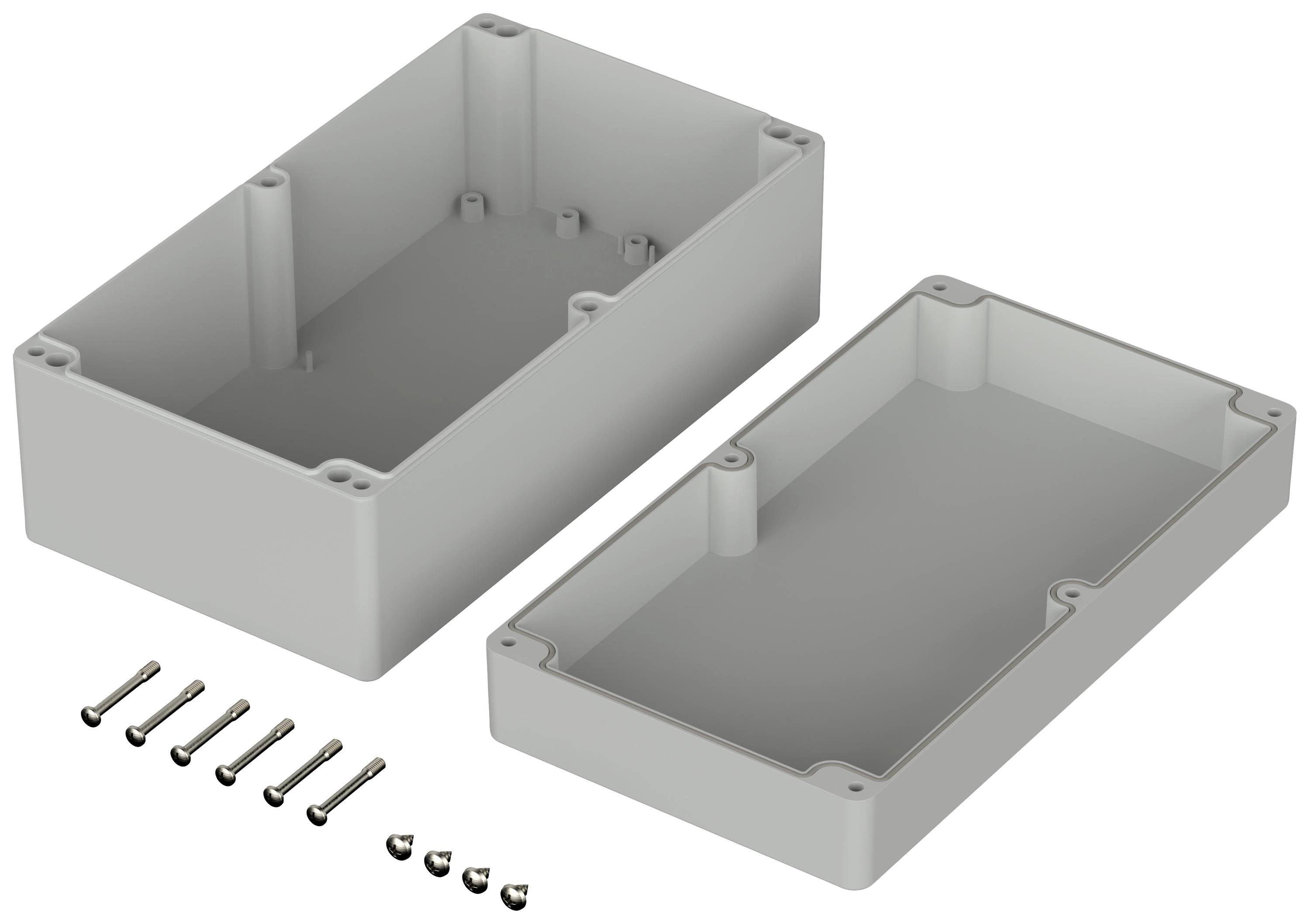Gehäuse aus Kunststoff, rechteckig, geöffnet. Bei den Teilen liegen Schrauben. Geeignet für den Schutz elektrischer Komponenten.