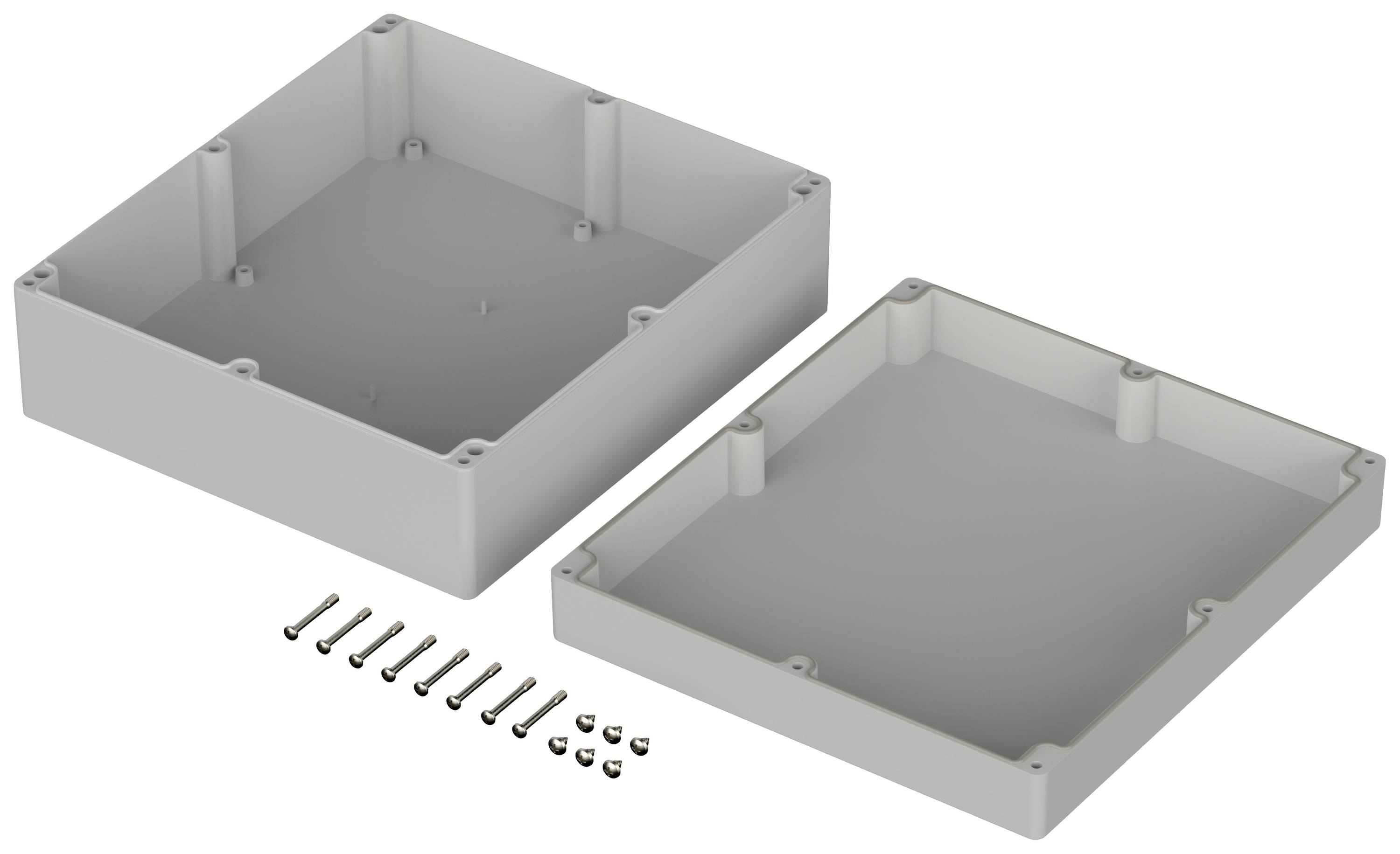 Zwei quadratische, graue Kunststoffgehäuse daneben liegend, mit Schrauben; zeigen Einzelteile eines Gehäusesystems zusammengebaut.
