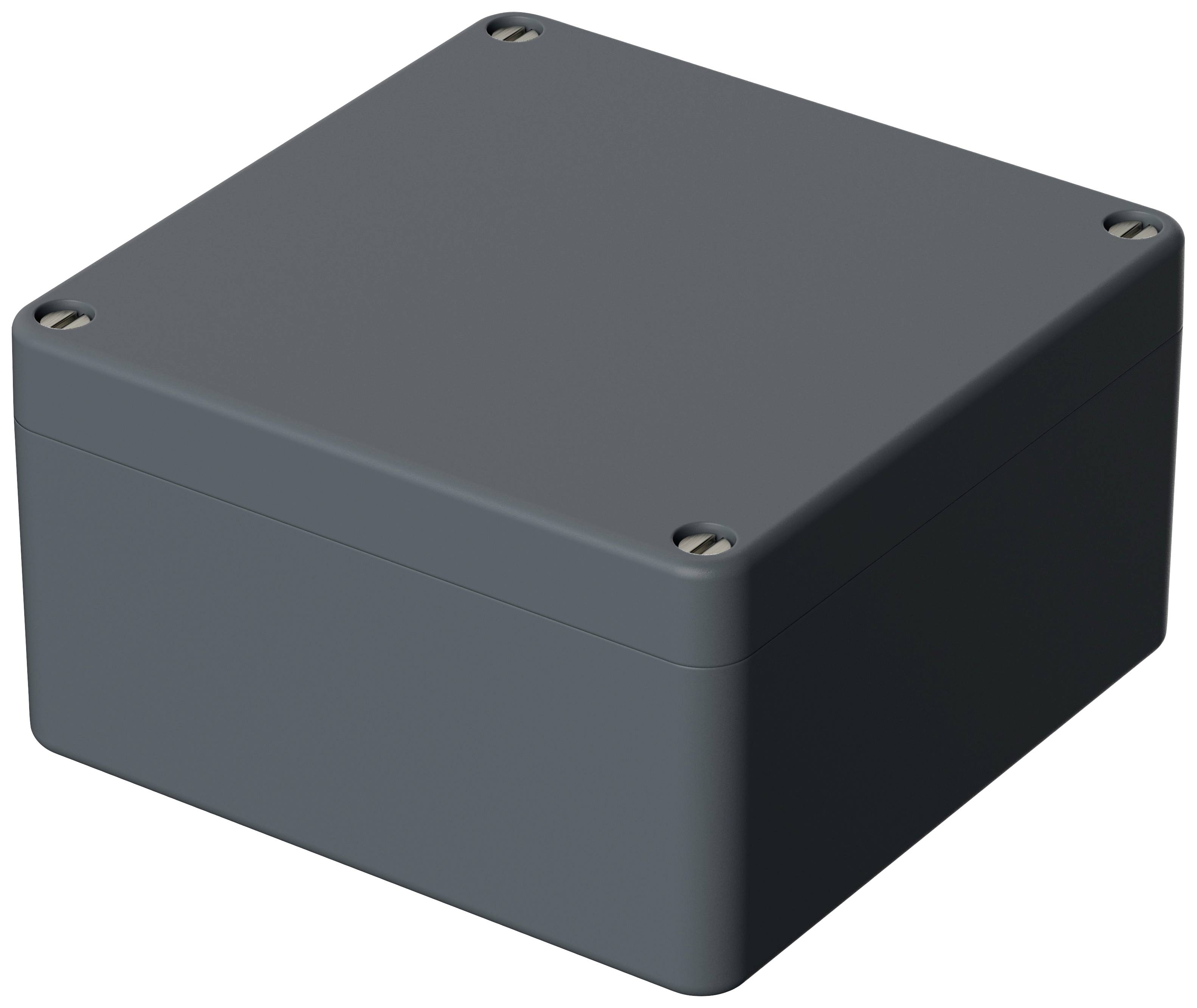 Ein graues, quadratisches Gehäuse mit Schraubenlöchern an den Ecken, vermutlich für elektronische Komponenten geeignet.