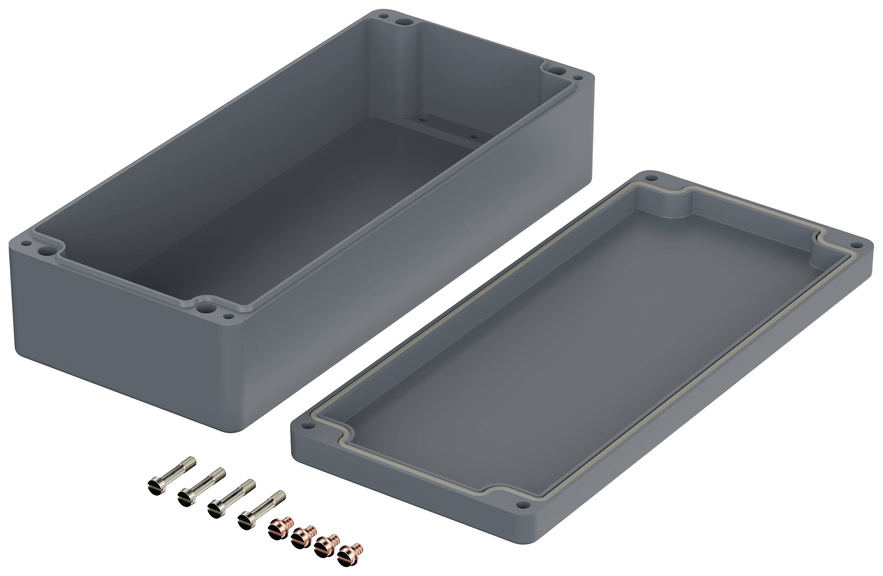 Eine graue, rechteckige Kunststoffgehäusebox mit abnehmbarem Deckel. Sechs Schrauben daneben zum Verschließen.