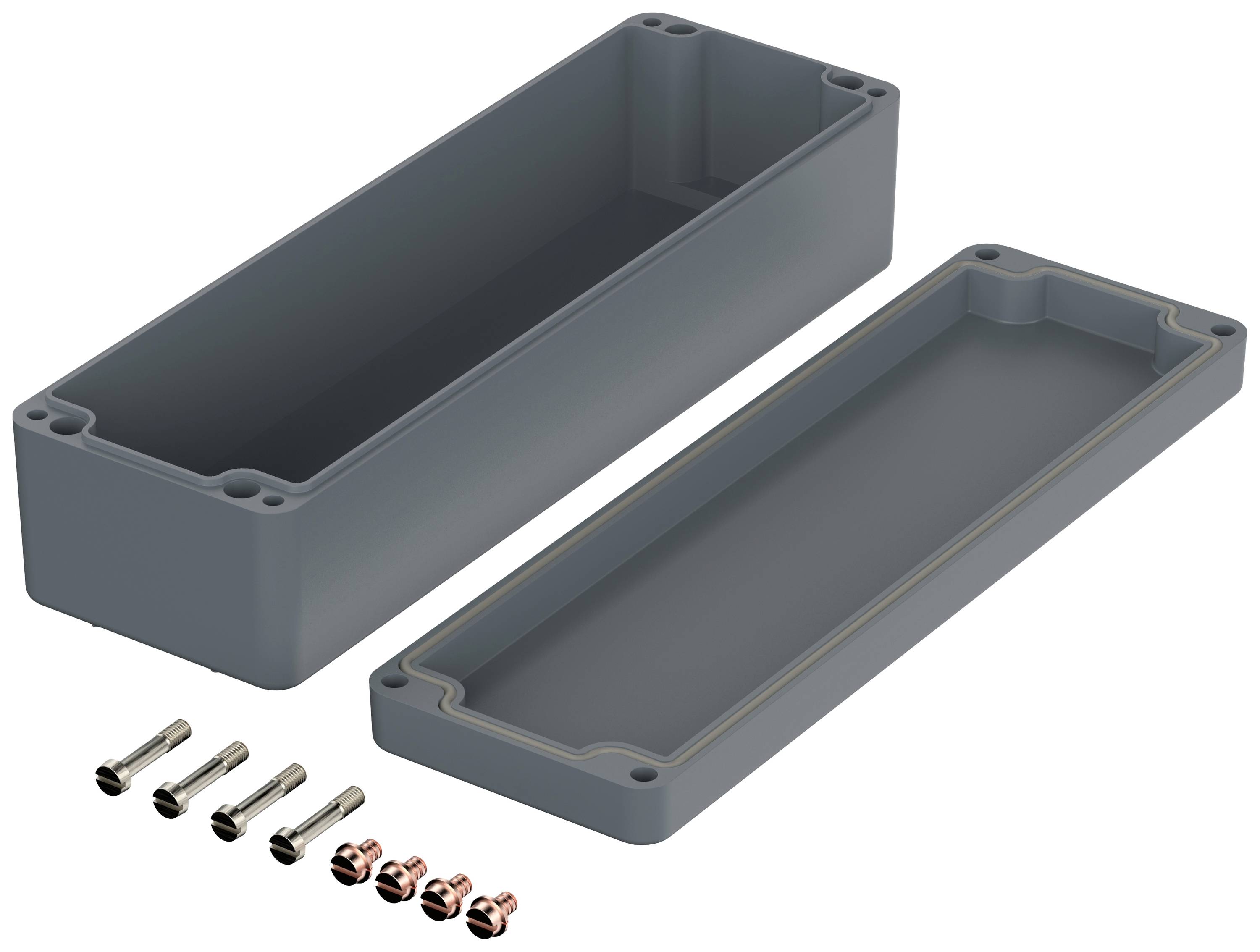 Gehäuse aus grauem Kunststoff, zweiteilig geöffnet. Sechs Schrauben und sechs Muttern liegen daneben. Geeignet für Elektronikkomponenten.