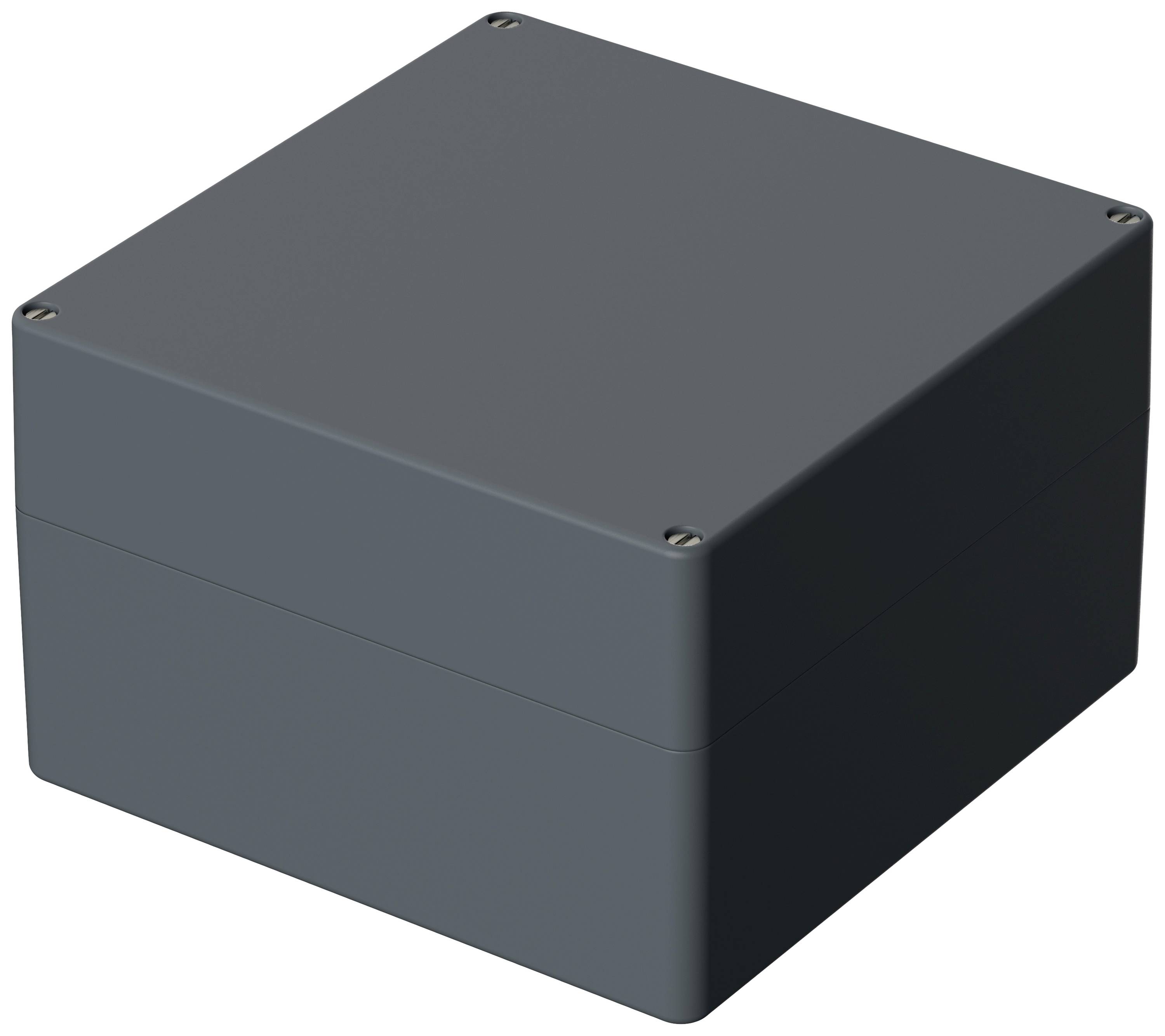 Ein quadratisches, schwarzes Gehäuse mit Schrauben an den Ecken.