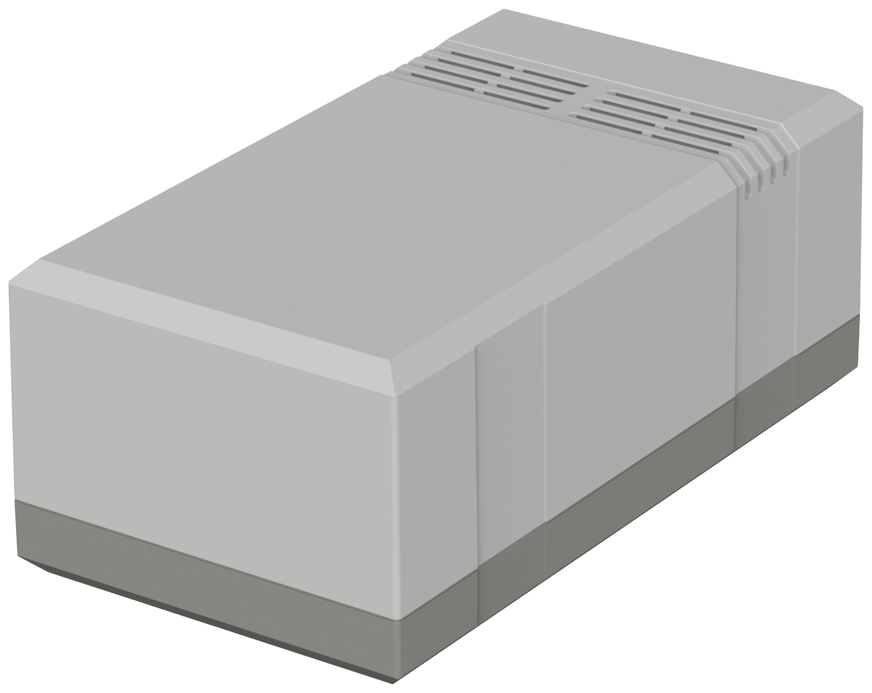 Graues rechteckiges Gerät mit Lüftungsschlitzen an der Oberseite, möglicherweise ein elektronisches Modul oder Gehäuse.