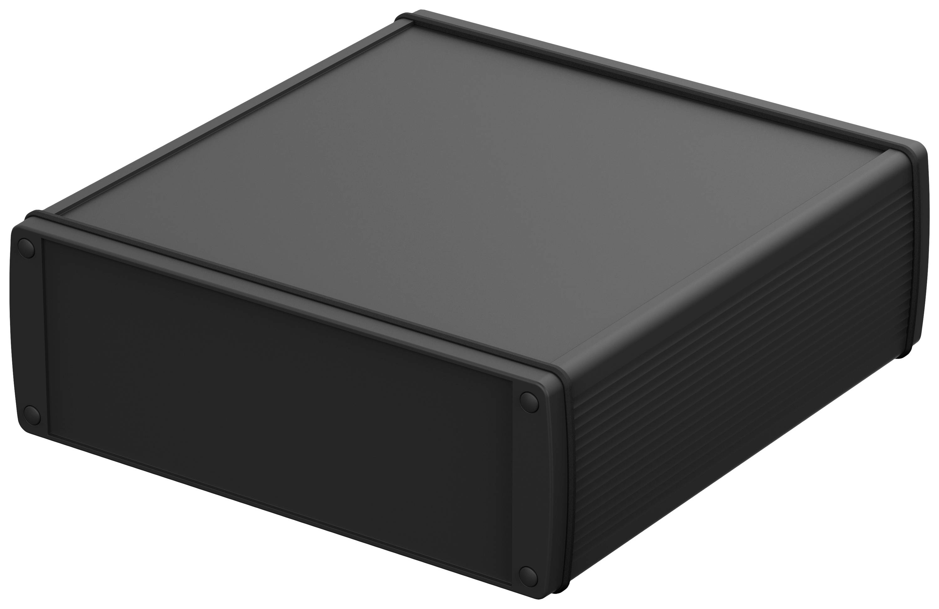 Ein schwarzes, rechteckiges Metallgehäuse mit abgerundeten Ecken, wahrscheinlich für elektronische Geräte.