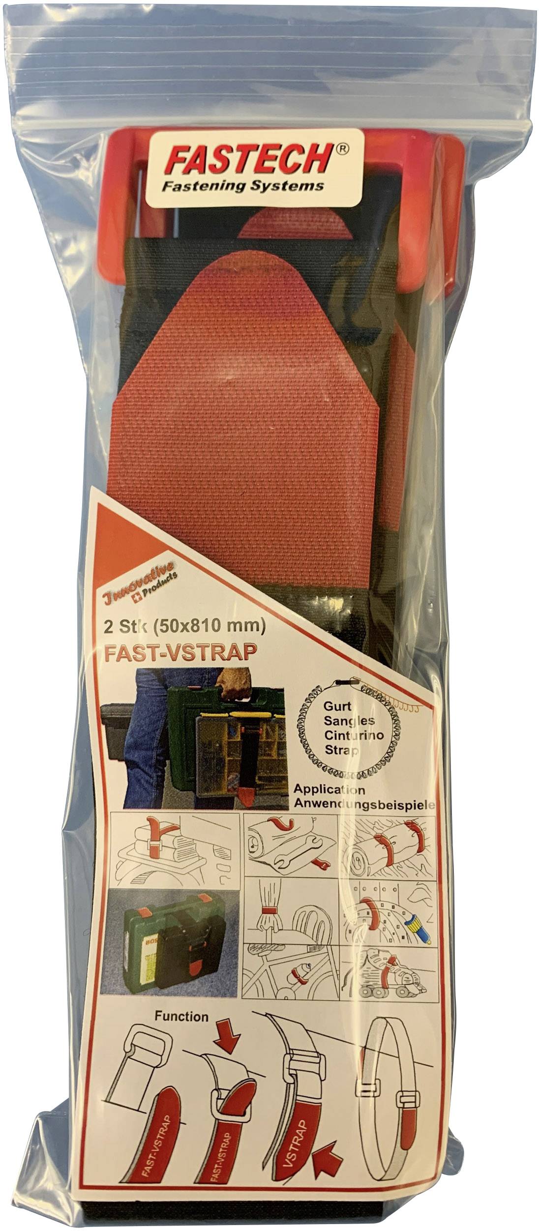 FASTECH® 906-810-Bag Klettband mit Gurt Haft- und Flauschteil (L x B) 810 mm x 50 mm Schwarz, Rot 2 St.