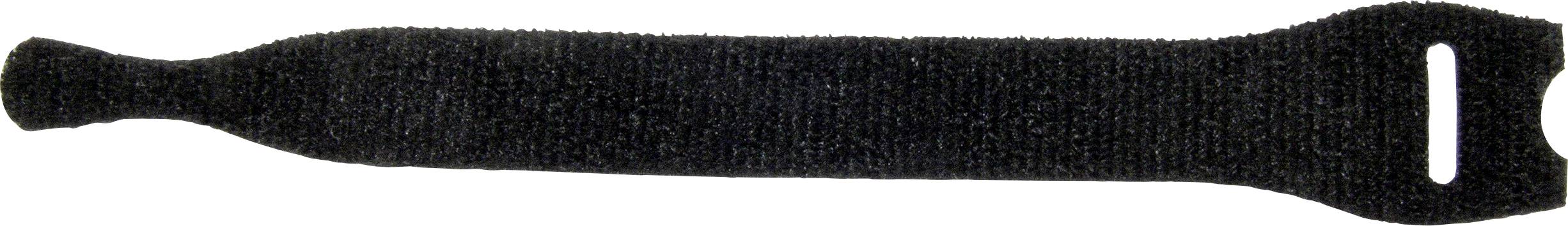 Eine schwarze Klettverschluss-Kabelbinderin mit einem Schlitz zum Befestigen von Kabeln, die zum effizienten Organisieren von Drähten oder kleinen Gegenständen verwendet wird.
