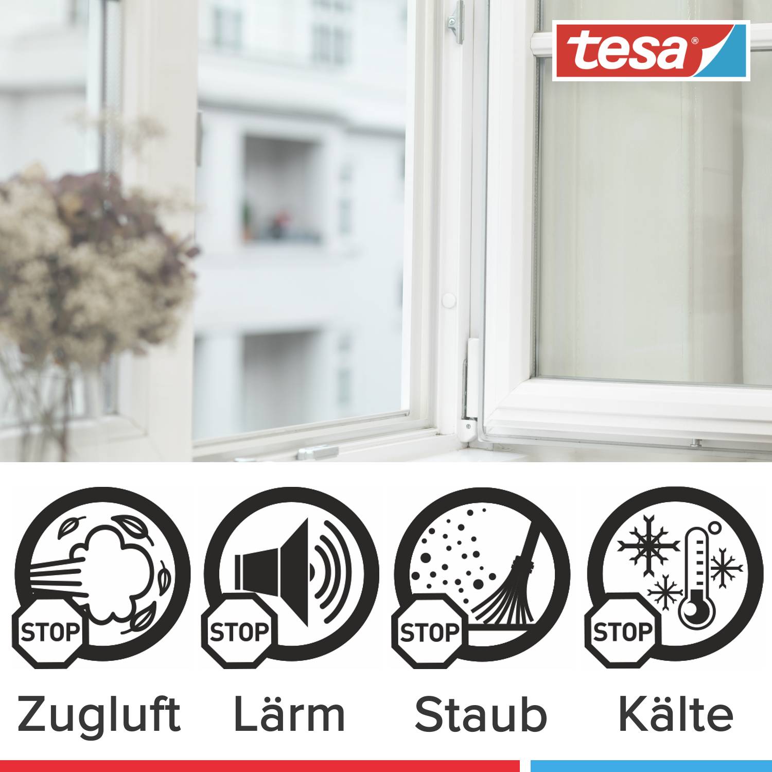 Nahe eines geöffneten Fensters sind Symbole zu sehen, die zugluft-, lärm-, staub- und kältestoppende Eigenschaften betonen.