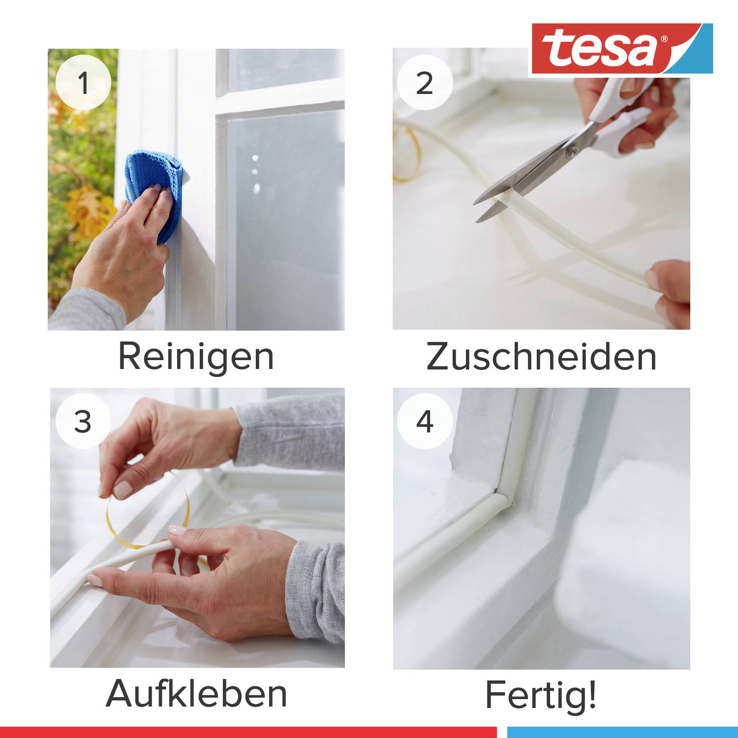 Anleitung zur Anwendung eines Dichtungsbandes: 1. Reinigen, 2. Zuschneiden, 3. Aufkleben, 4. Fertig! Tesa-Logo oben rechts.