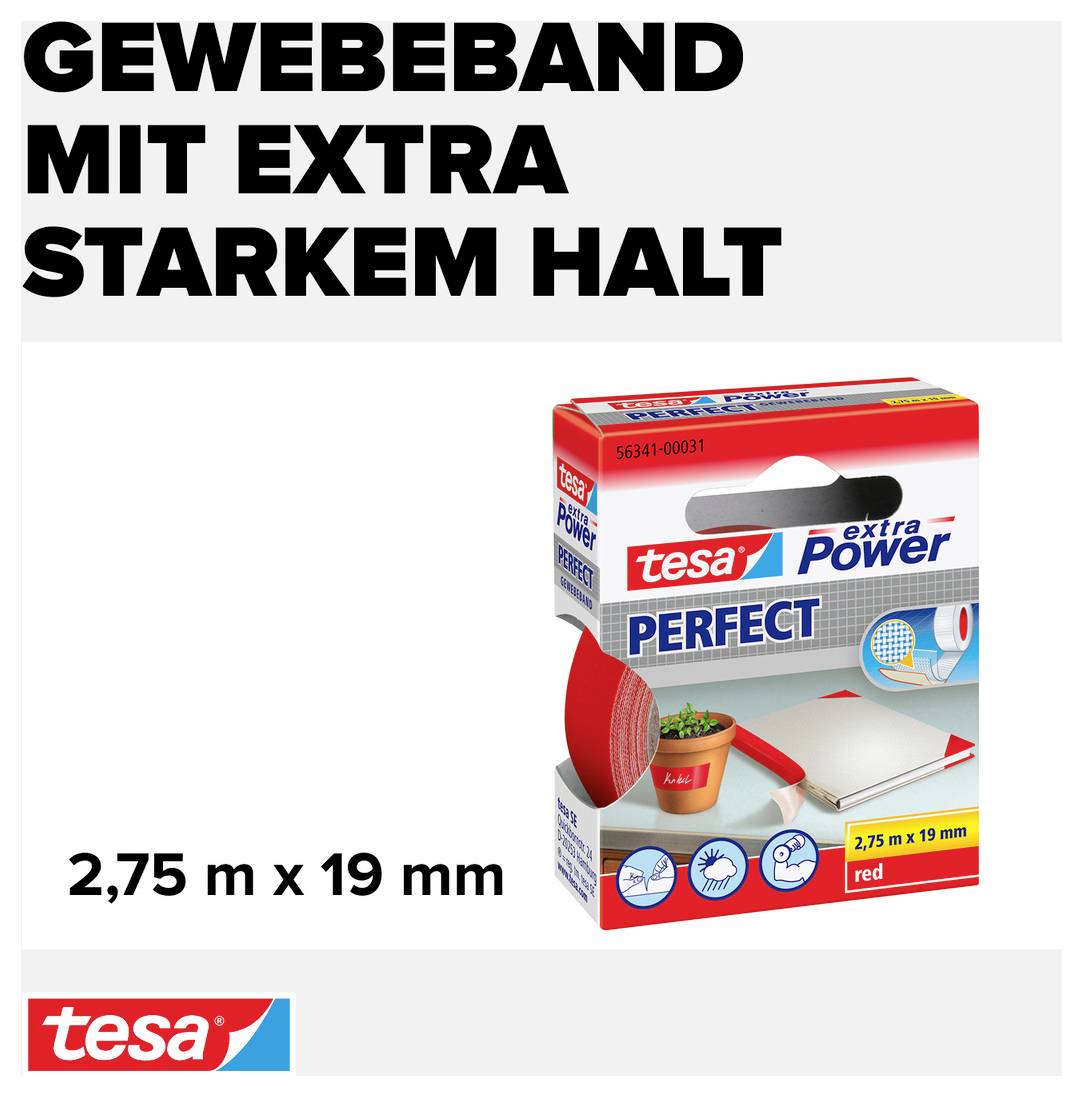 TESA PERFECT 56341-00031-03 Gewebeklebeband tesa® extra Power Rot (L x B) 2.75m x 19mm 1St.