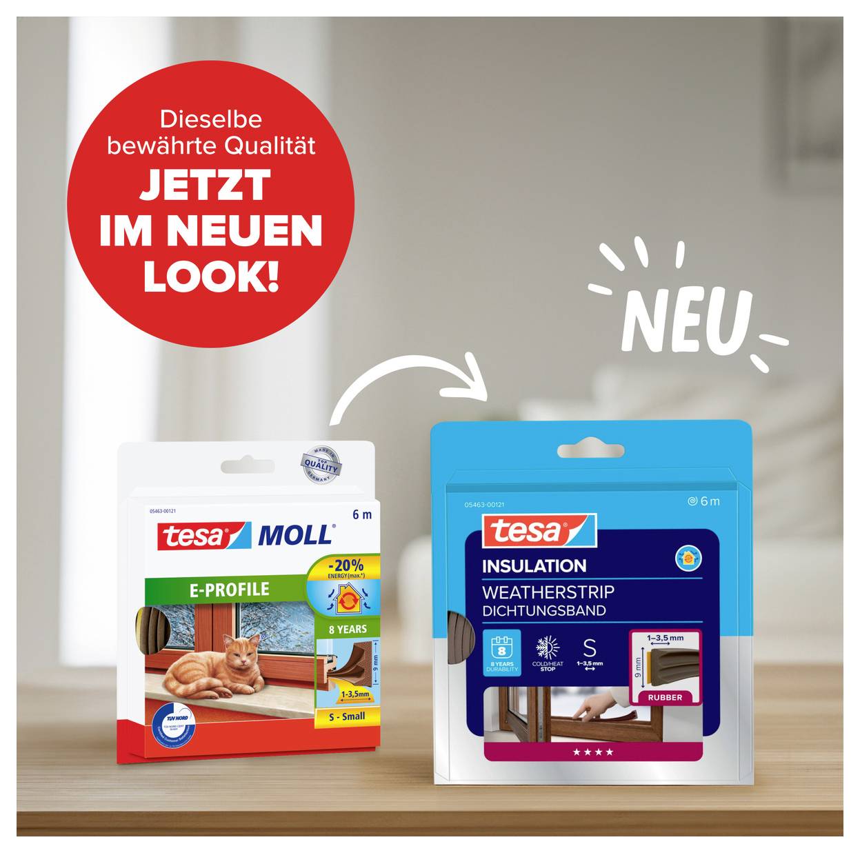 Zwei Tesa-Produkte im Bild: E-Profil-Dichtungsband links mit Katze, Weatherstrip-Dichtungsband rechts. Beide im neuen Look.