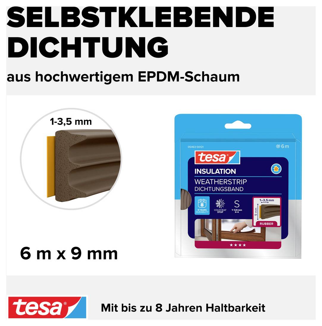 Selbstklebende Dichtung aus hochwertigem EPDM-Schaum, 6 m x 9 mm, mit bis zu 8 Jahren Haltbarkeit. Geeignet für Türen und Fenster.