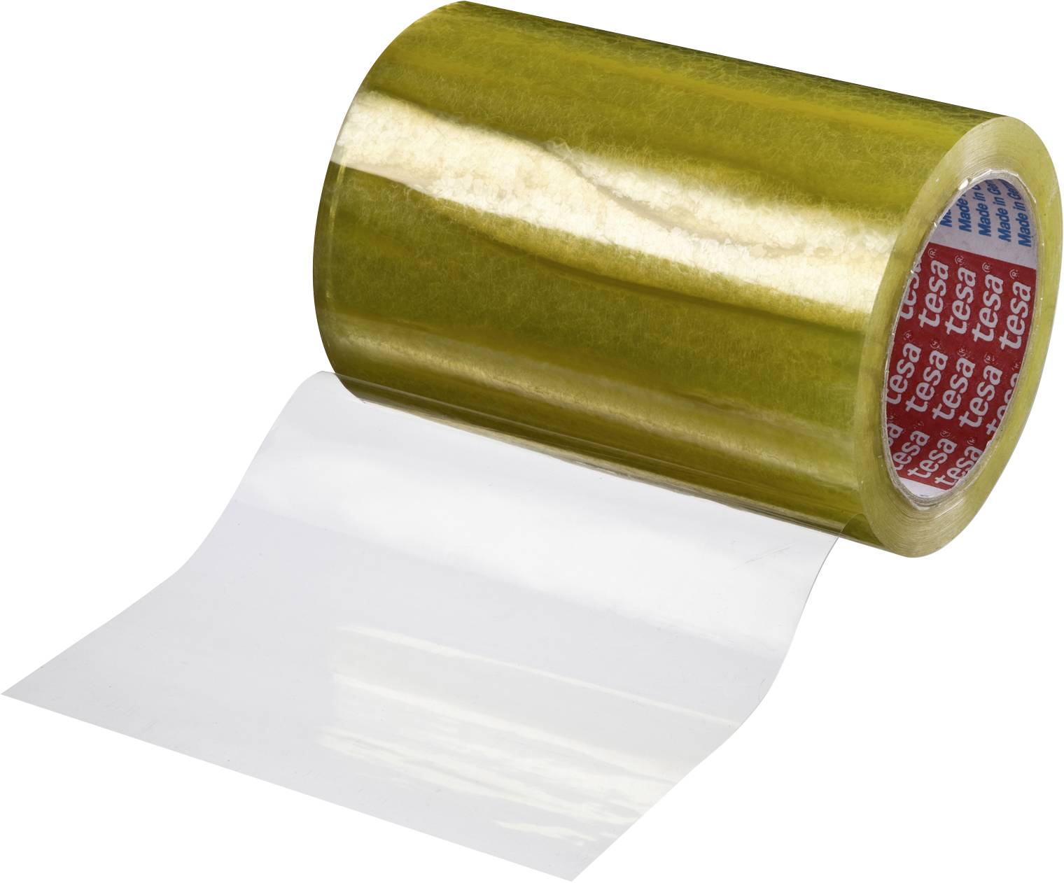 Eine Rolle transparentes Klebeband, teilweise abgerollt.