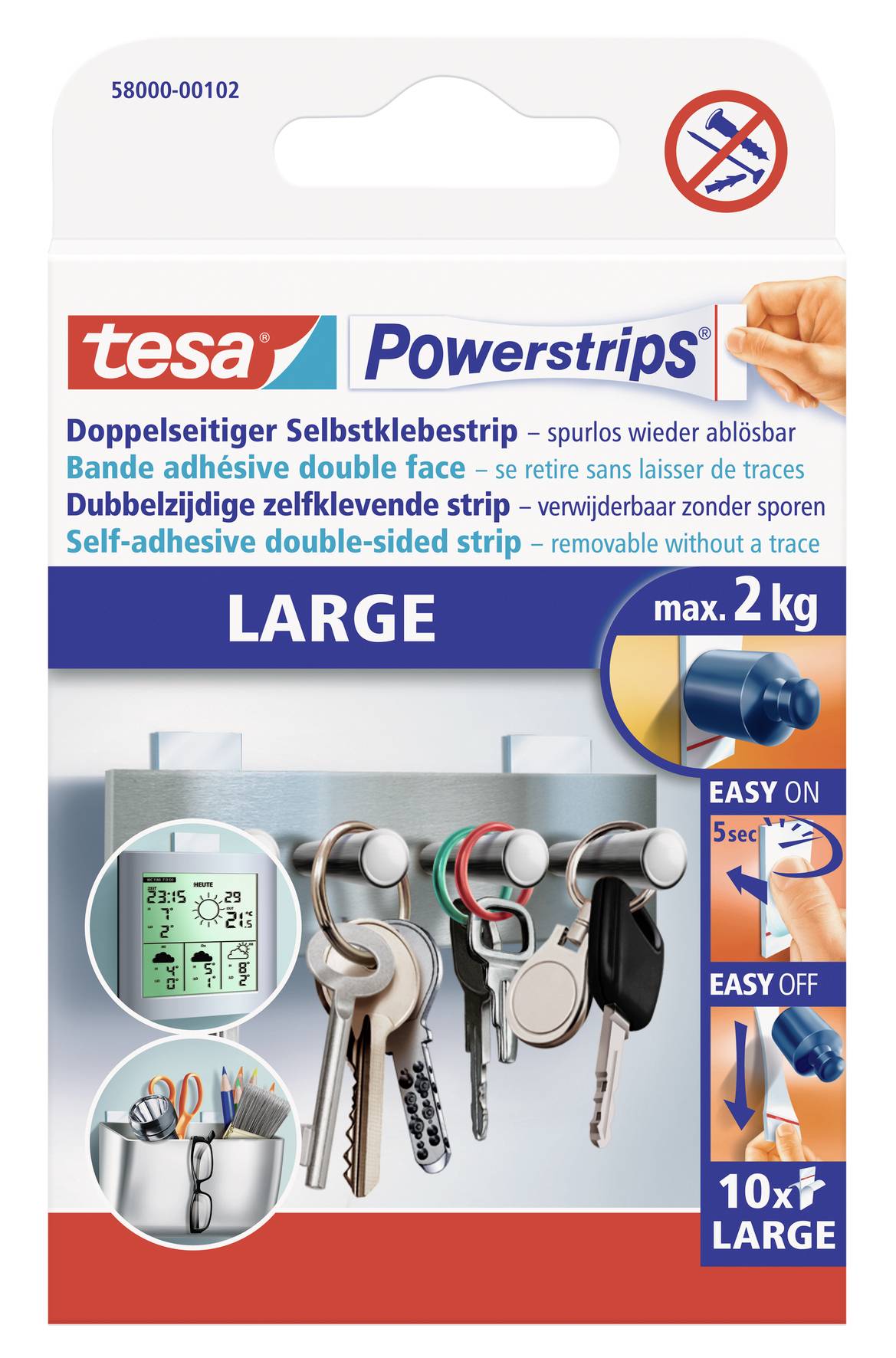 Verpackung von Tesa Powerstrips Large, doppelseitige Klebestreifen, hält bis zu 2 kg, einfach anzubringen und zu entfernen, 10 Stück.