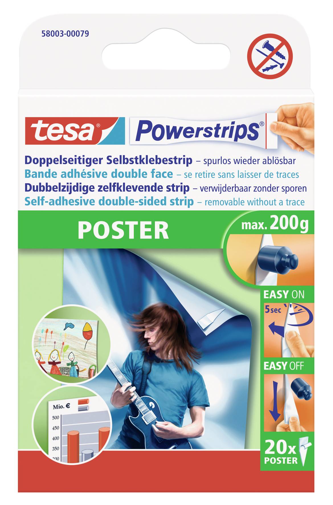 Verpackung von 'tesa Powerstrips Poster', doppelseitiges Klebeband für Poster bis max. 200g. Enthält 20 Streifen, einfache Anwendung.