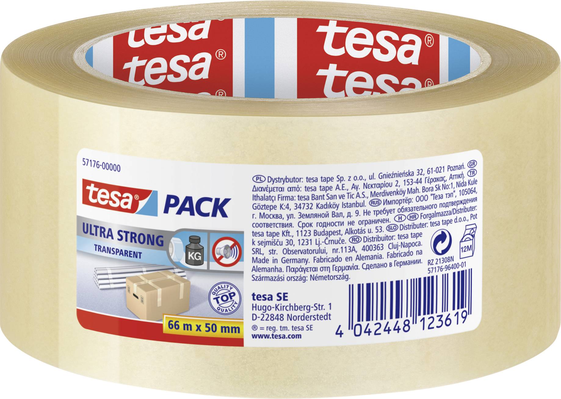 Eine Rolle transparentes Klebeband der Marke Tesa, 66 m x 50 mm, etikettiert als 'Ultra Strong' mit Verpackungs-, Transport- und Gewichtssymbolen.