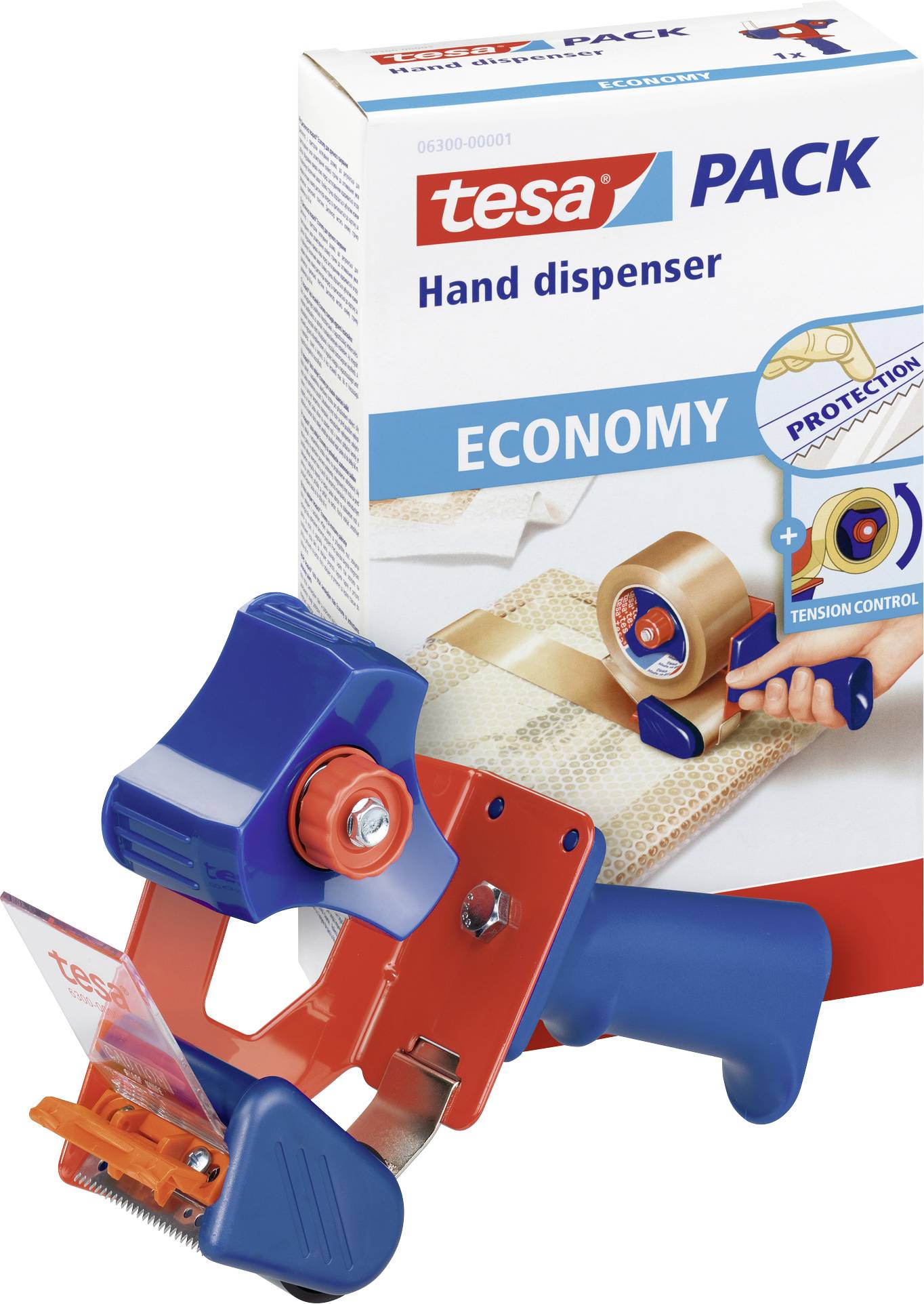 Handabroller-Set mit Packband, Markenname 'tesa'. Enthält blauen Spender und braunes Klebeband. Geeignet für Verpackungsaufgaben.