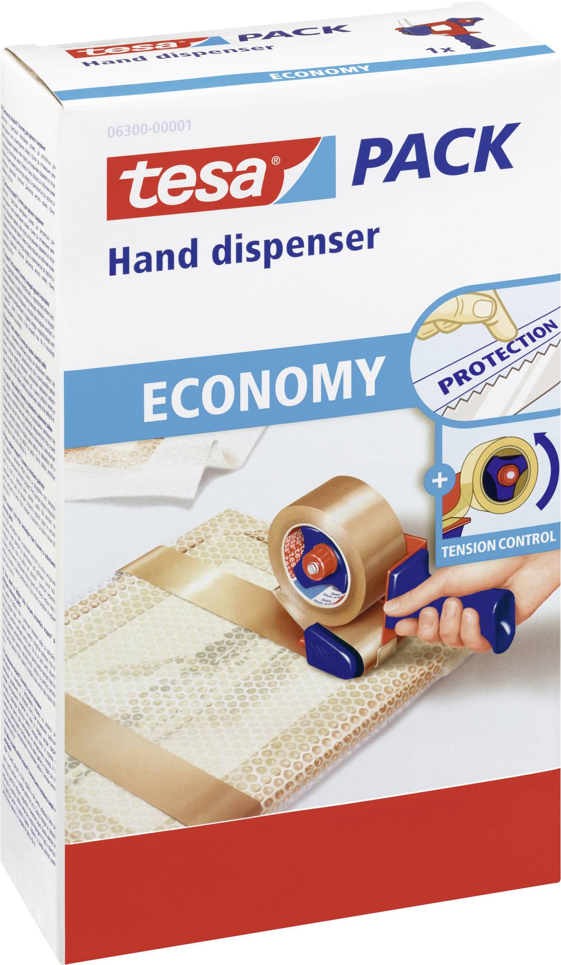 Verpackung eines tesa-Packbandspenders mit Schutz- und Spannkontrolle Funktionen, illustriert mit Bild einer Hand, die den Spender benutzt.