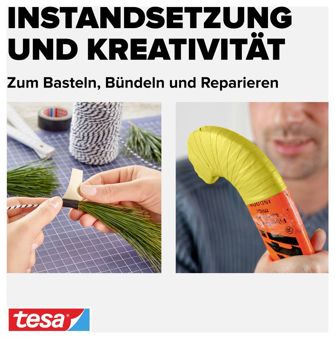 'Instandsetzung und Kreativität: Zum Basteln, Bündeln und Reparieren.' Bild von einer Hand, die Pflanzen mit Klebeband bindet.