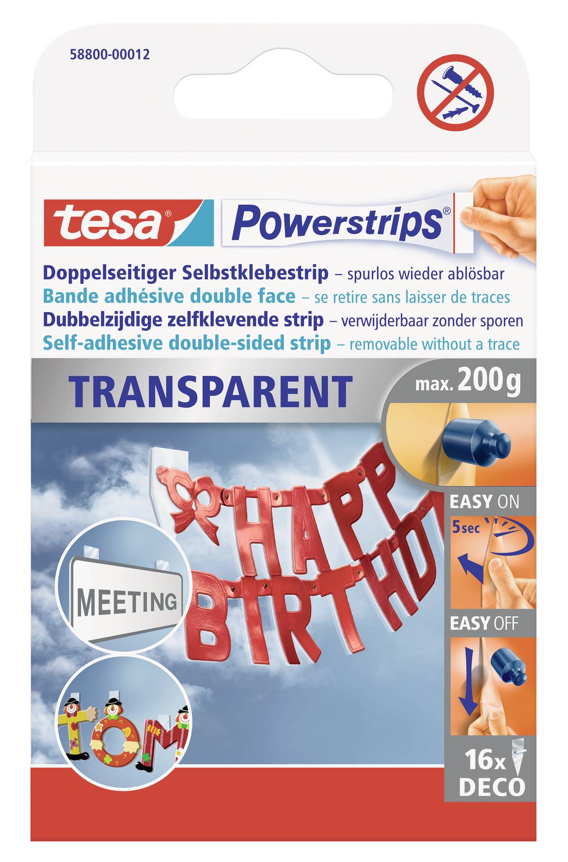 Verpackung von 'tesa Powerstrips' für bis zu 200g. Enthält 16 transparente doppelseitige Streifen. Zeigt Dekoration 'Happy Birthday'.